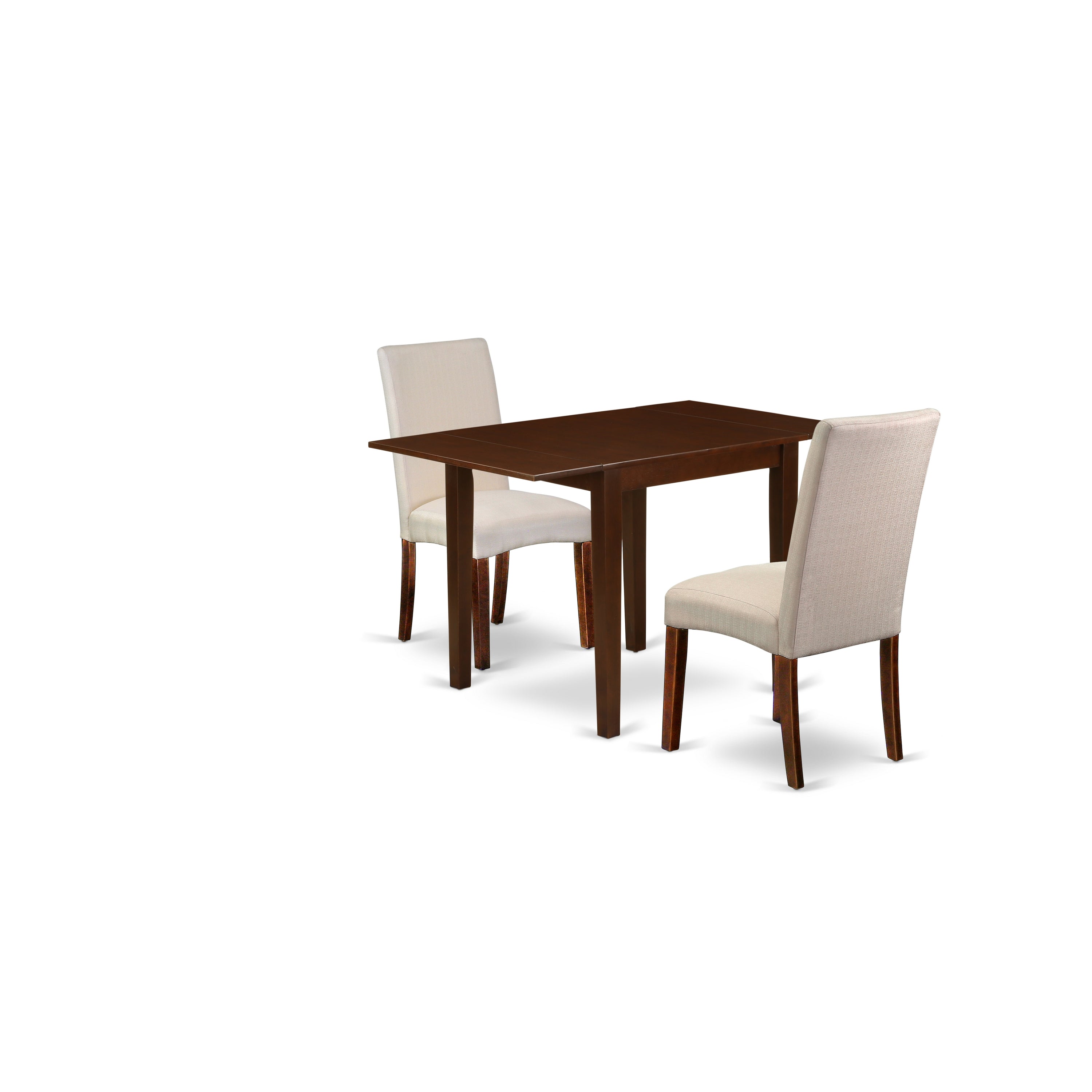 Juego de comedor de 3 piezas East West Furniture NDDR3-MAH-01. Incluye una mesa de comedor rectangular con alas abatibles y dos sillas tapizadas en tela de lino color crema.