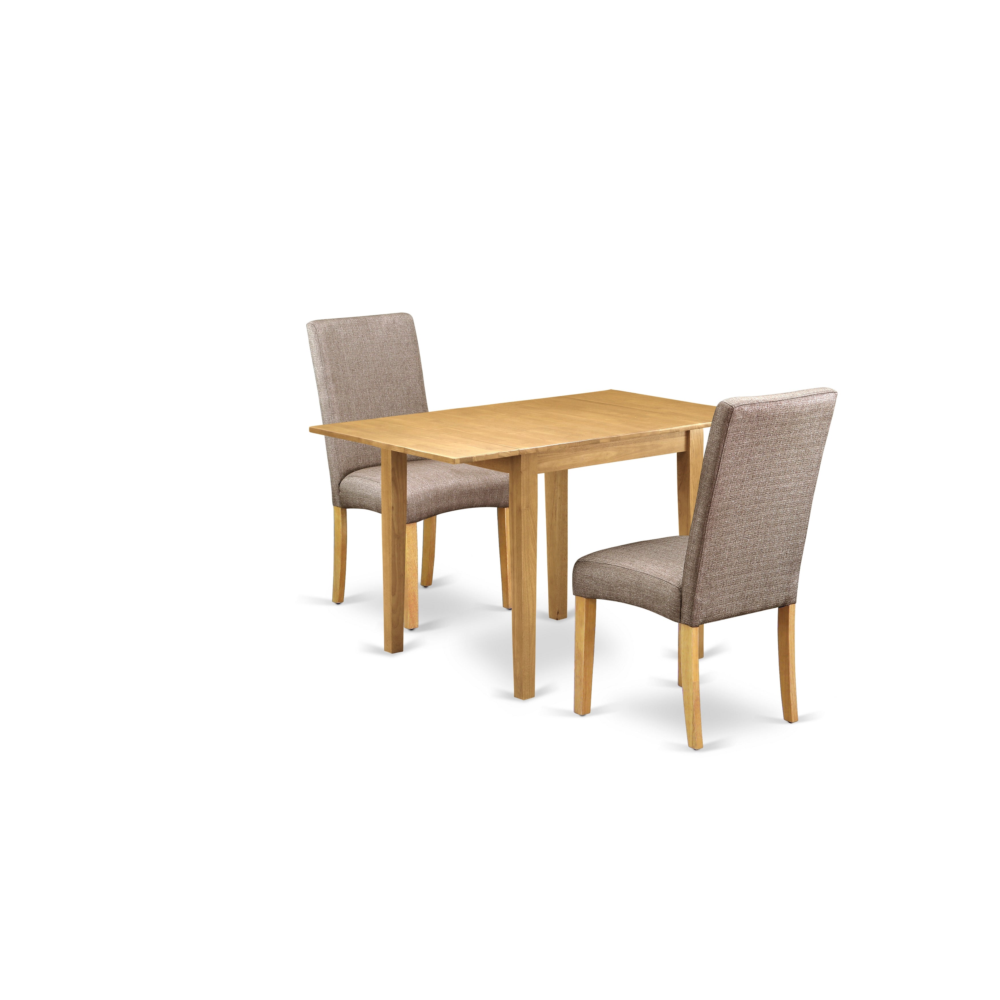 Juego de mesa de comedor moderna de 3 piezas East West Furniture NDDR3-OAK-16. Incluye una mesa rectangular de madera con alas abatibles y dos sillas de comedor Parsons de tela de lino color caqui oscuro.