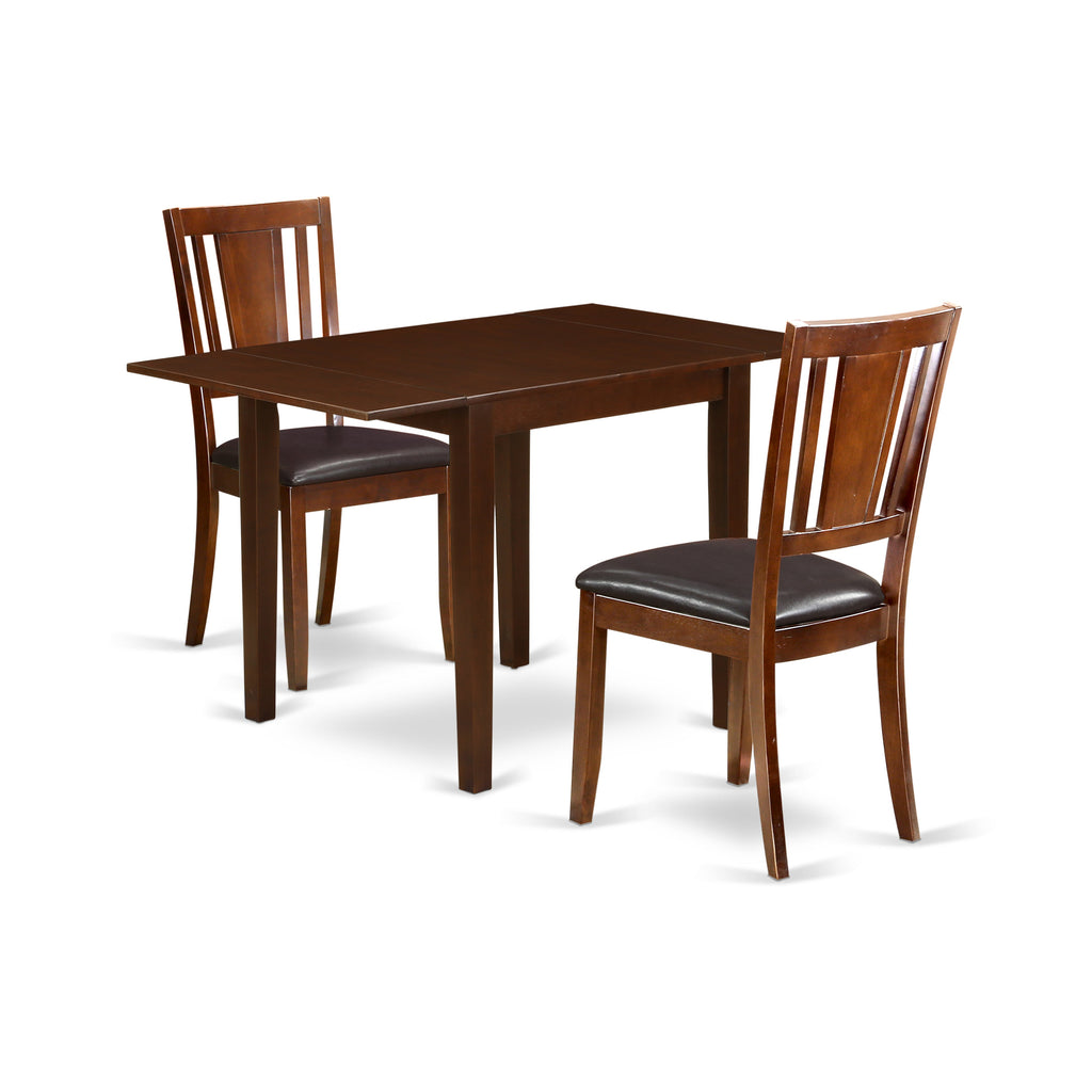 East West Furniture NDDU3-MAH-LC 3 Piece Dinette Set for Small Spaces Contains a Rectangle Dining Table with Dropleaf and 2 Faux Leather Upholstered Dining Chairs