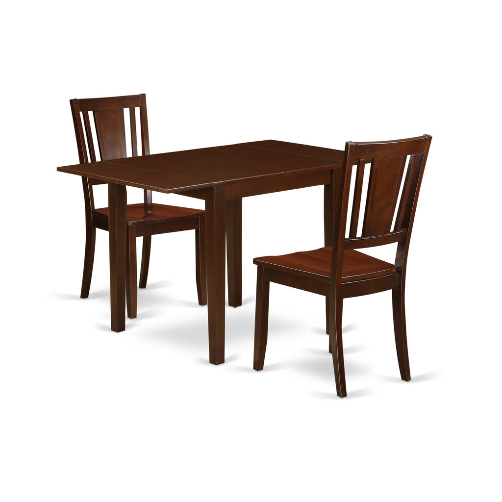 East West Furniture NDDU3-MAH-W 3 Piece Dining Room Table Set  Contains a Rectangle Kitchen Table with Dropleaf and 2 Dining Chairs, 30x48 Inch, Mahogany