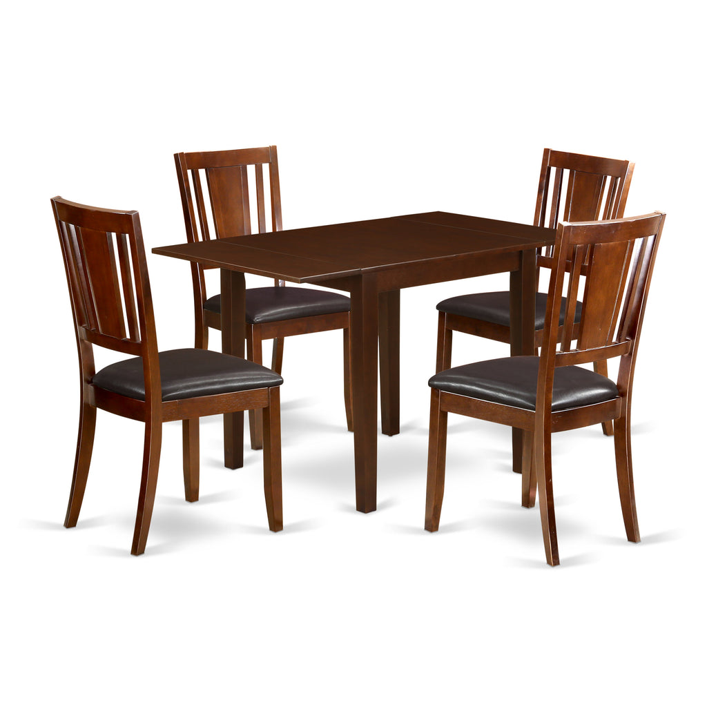 East West Furniture NDDU5-MAH-LC 5 Piece Dining Table Set for 4 Includes a Rectangle Kitchen Table with Dropleaf and 4 Faux Leather Kitchen Dining Chairs