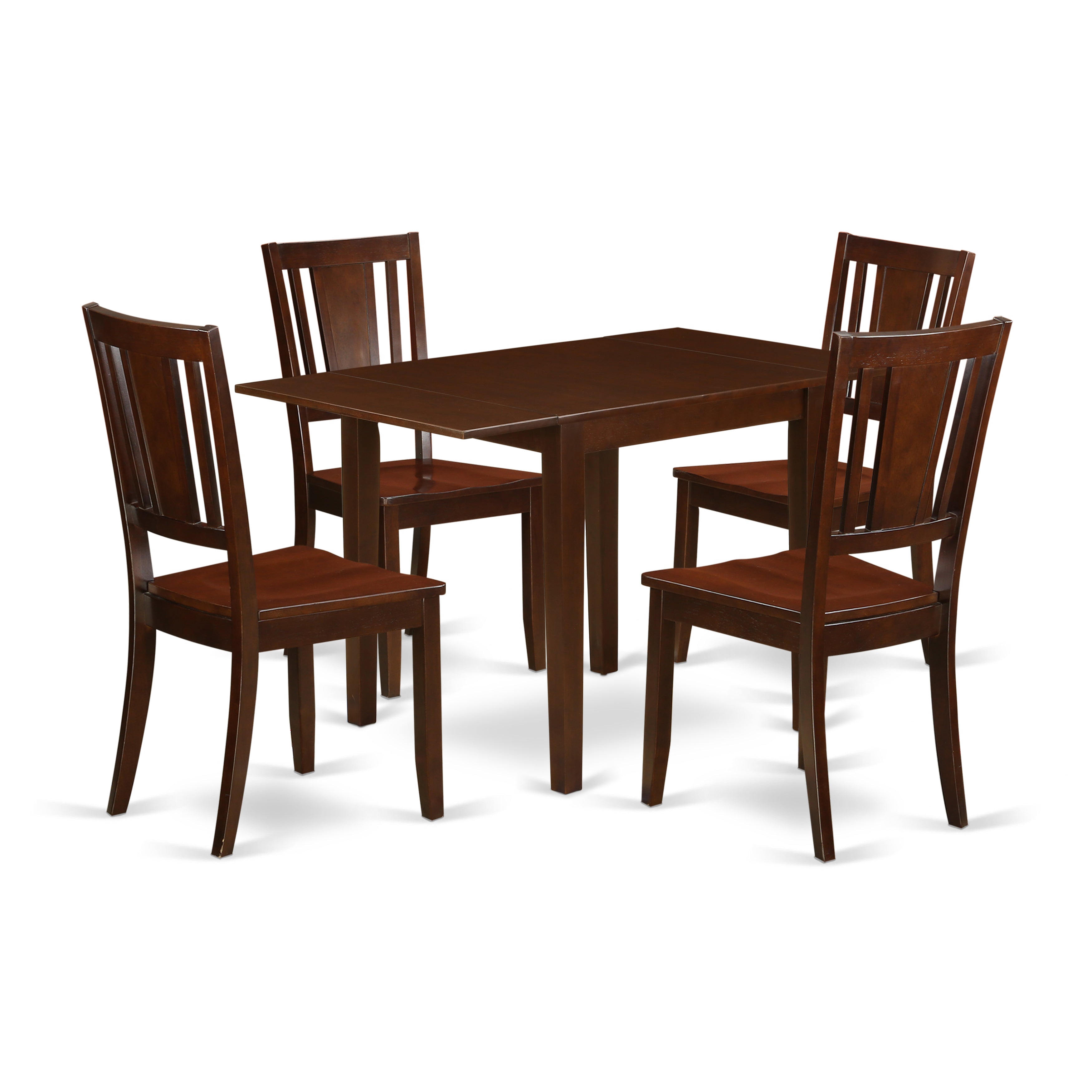 El juego de comedor de 5 piezas NDDU5-MAH-W de East West Furniture incluye una mesa de comedor rectangular con alas abatibles y 4 sillas con asiento de madera.