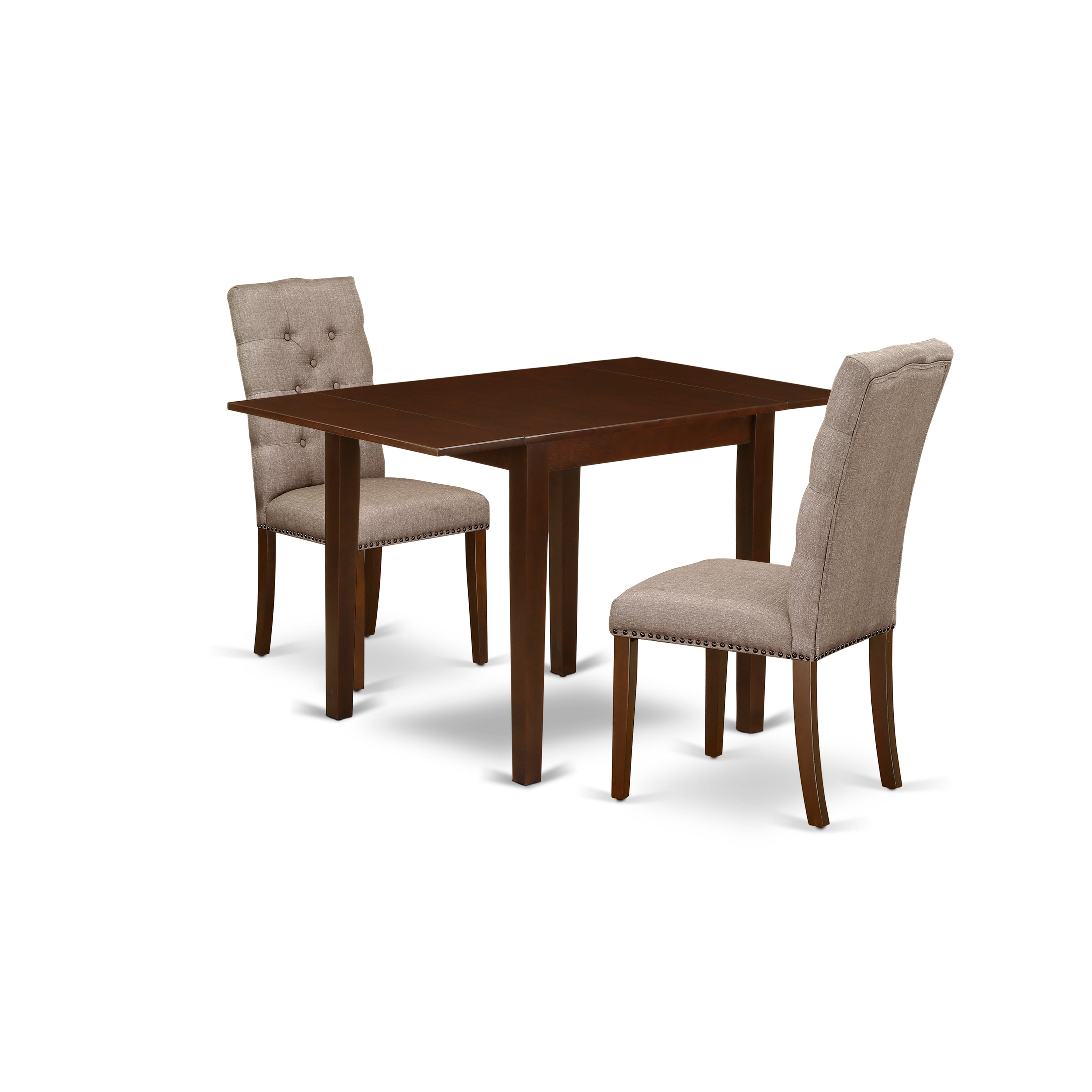 East West Furniture NDEL3-MAH-16 3-Piece Dining Table Set Included a Drop Leaves Rectangular Dining Table & 2 Parson Chairs, Dark Khaki Linen Fabric Dining Chairs Seat with Rubber Wood Legs, Mahogany Finish