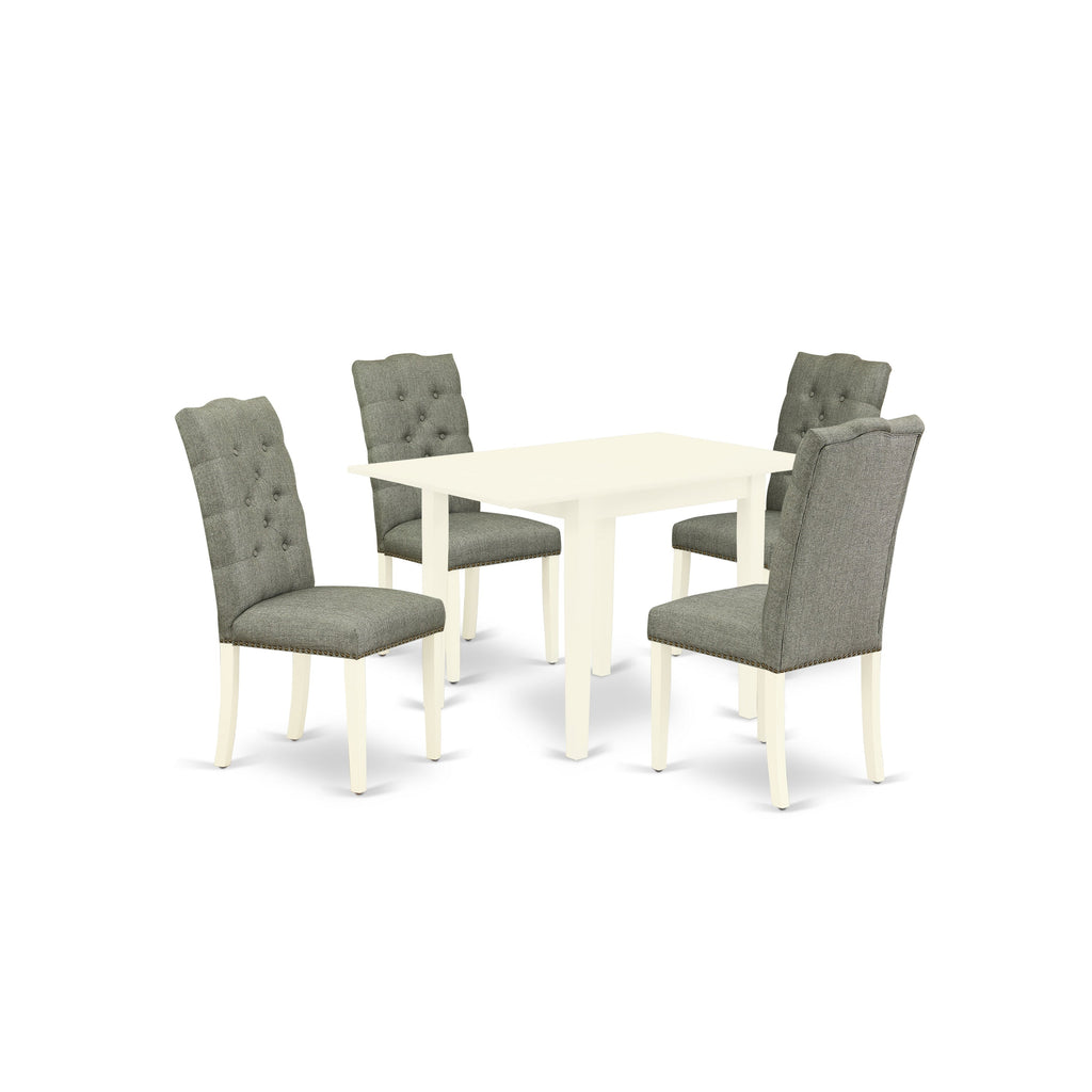 East West Furniture NDEL5-LWH-07 5 Piece Kitchen Table & Chairs Set Includes a Rectangle Dining Room Table with Dropleaf and 4 Gray Linen Fabric Parsons Chairs, 30x48 Inch, Linen White