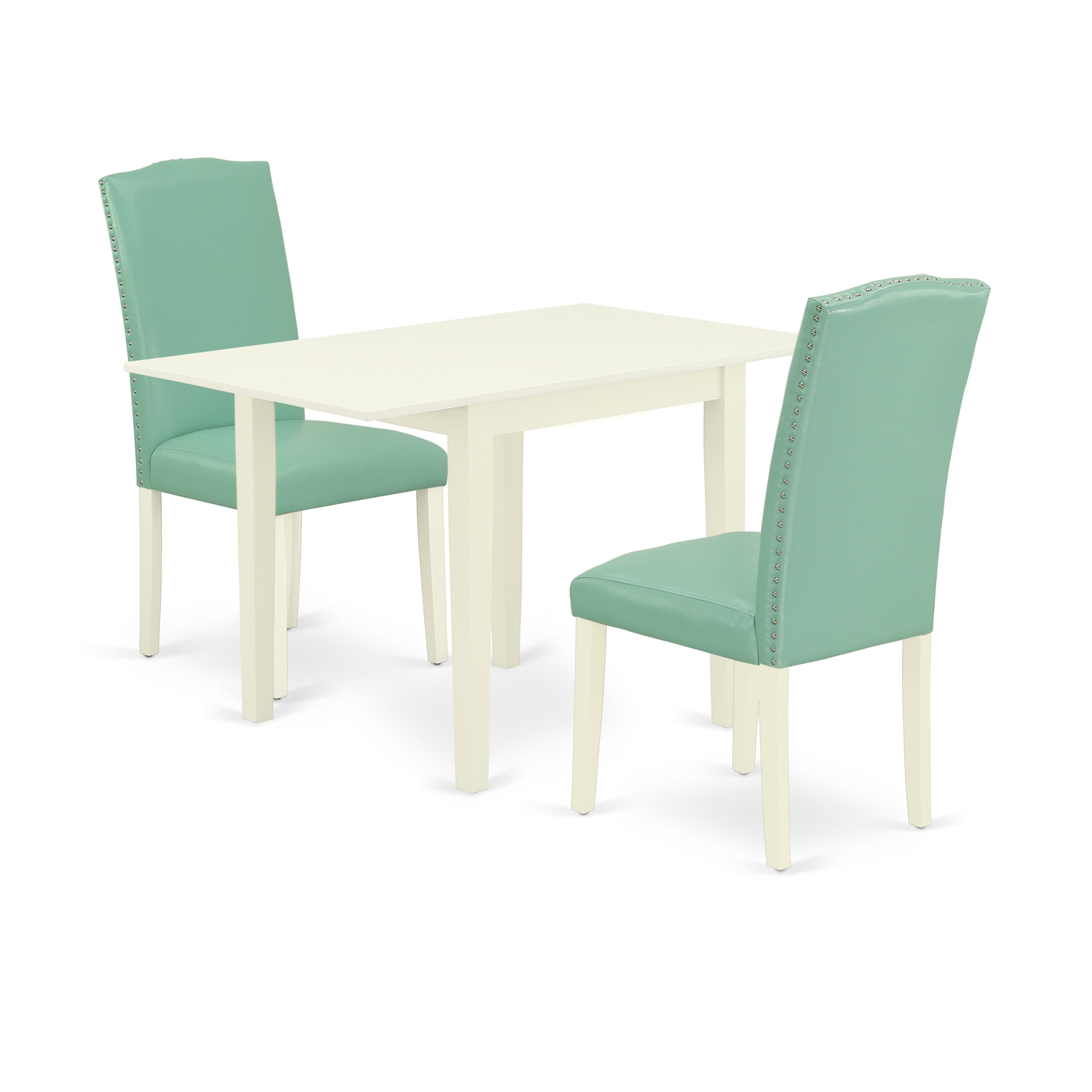Juego de comedor de 3 piezas East West Furniture NDEN3-LWH-57. Incluye una mesa de comedor rectangular con alas abatibles y dos sillas Parsons de piel sintética con acabado Pond.
