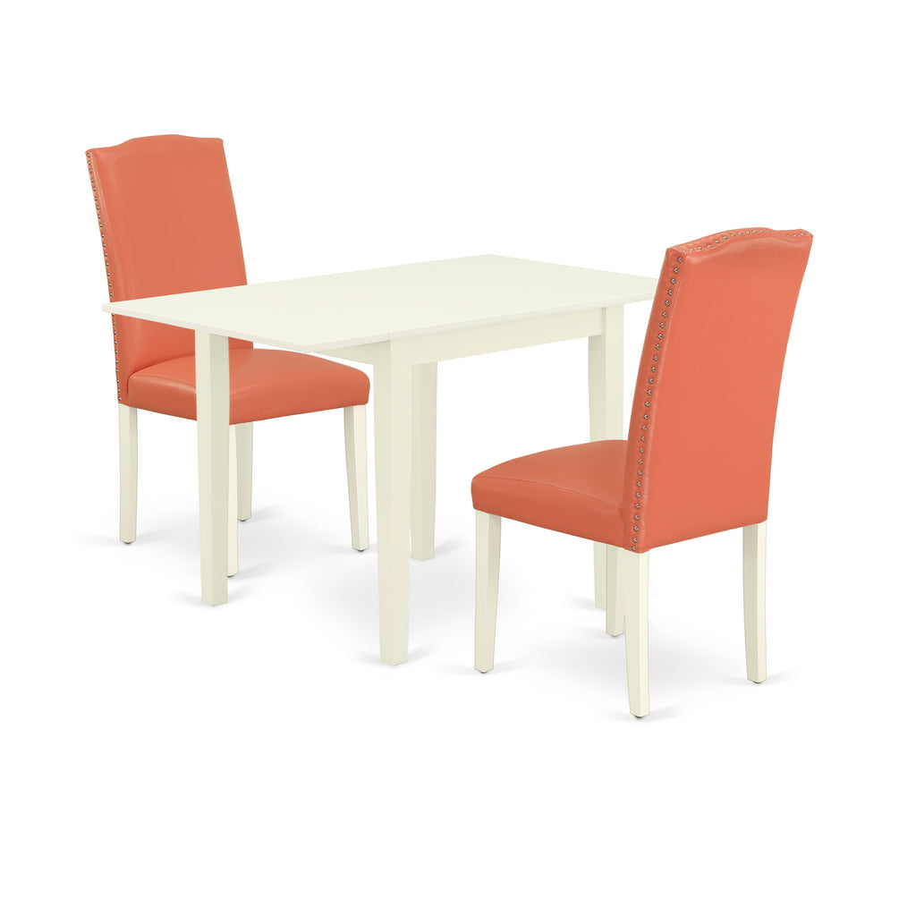 Juego de comedor de 3 piezas East West Furniture NDEN3-LWH-78 para espacios pequeños. Contiene una mesa de comedor rectangular con alas abatibles y 2 sillas Parson de cuero sintético con diseño de flamencos rosados.