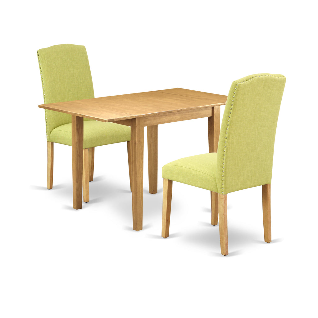 Juego de comedor de 3 piezas East West Furniture NDEN3-OAK-07 para espacios pequeños. Contiene una mesa de comedor rectangular con alas abatibles y 2 sillas Parson de tela de lino Limelight.