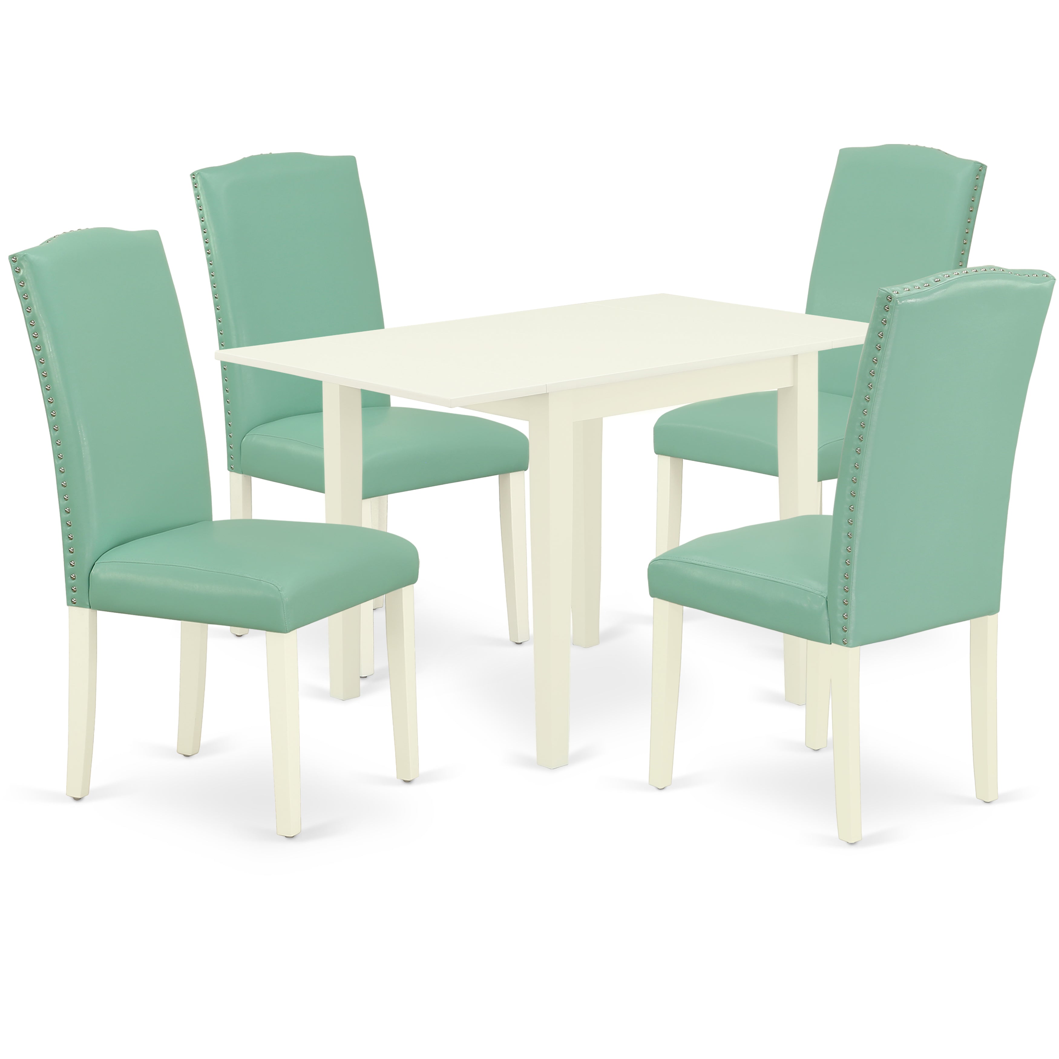 East West Furniture NDEN5-LWH-57 Modern Dining Table Set 5 Pcs - 4 Kitchen Chairs and a dining table - Linen White Finish Hardwood - Pond Color Pu Leather
