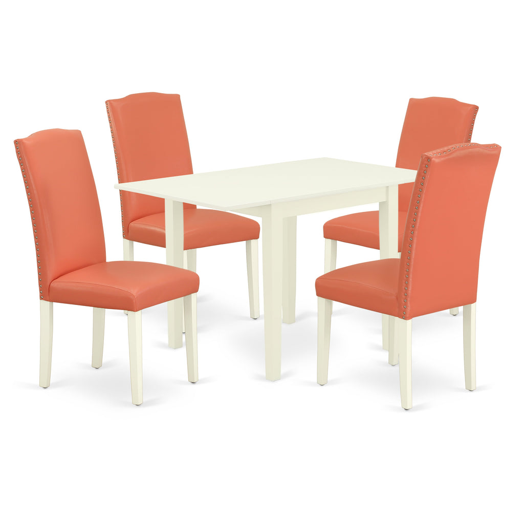 Juego de comedor de 5 piezas East West Furniture NDEN5-LWH-78. Incluye una mesa de comedor rectangular con alas abatibles y 4 sillas tapizadas de piel sintética con diseño de flamenco rosa.