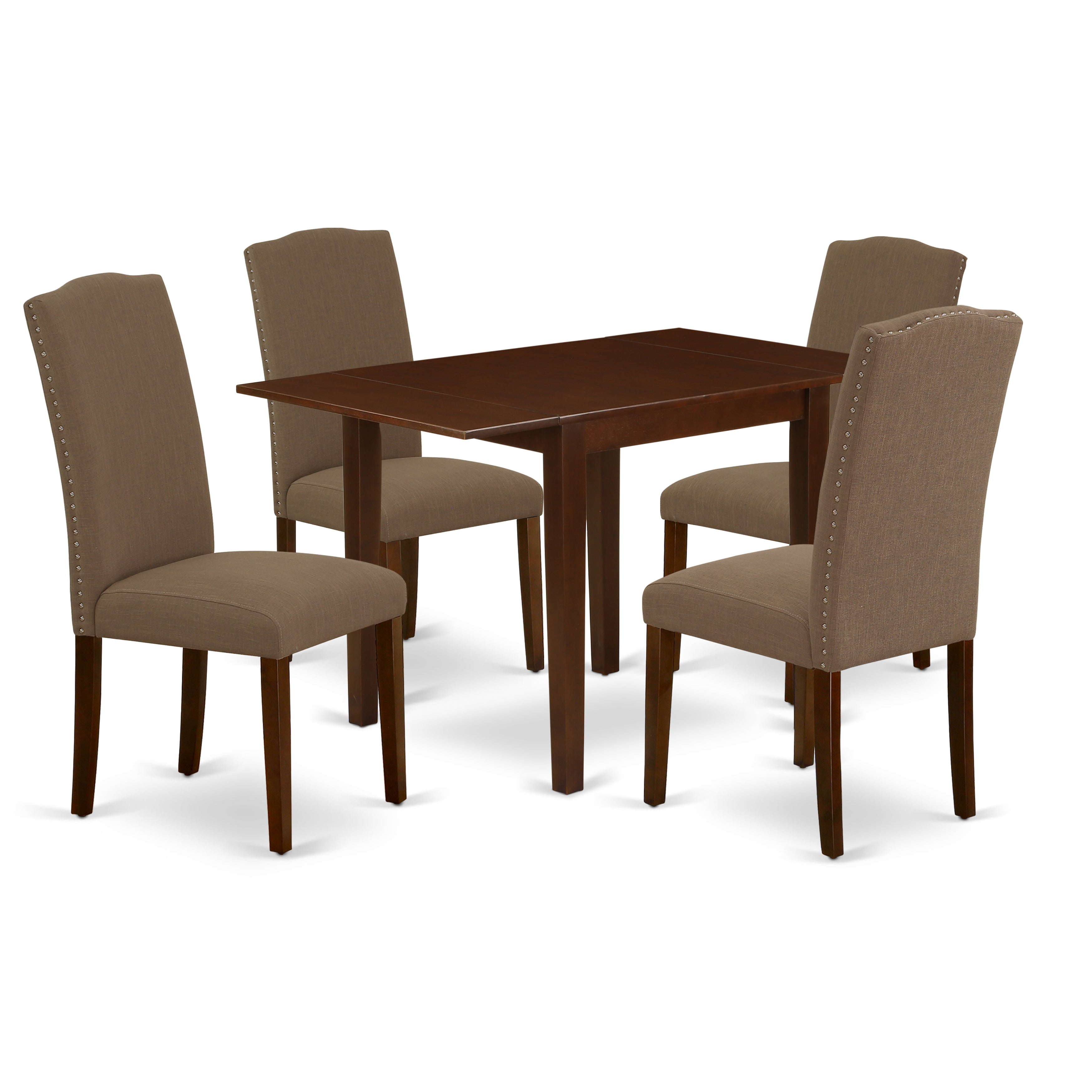 El juego de mesa de comedor de 5 piezas East West Furniture NDEN5-MAH-18 incluye una mesa de comedor rectangular con alas abatibles y 4 sillas tapizadas en tela de lino color café oscuro.