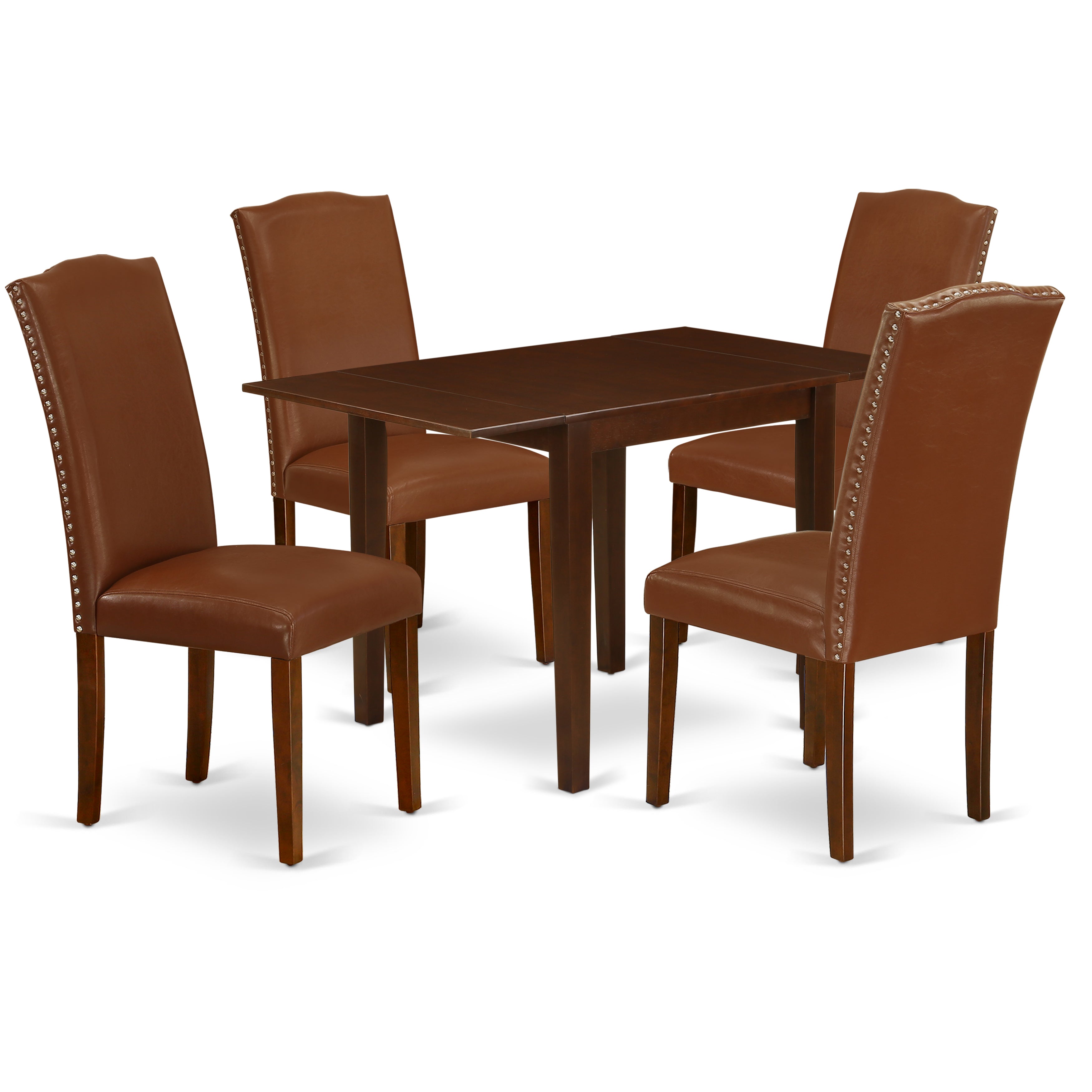 El juego de mesa de comedor de 5 piezas East West Furniture NDEN5-MAH-66 incluye una mesa de comedor rectangular con alas abatibles y 4 sillas tapizadas en piel sintética marrón.