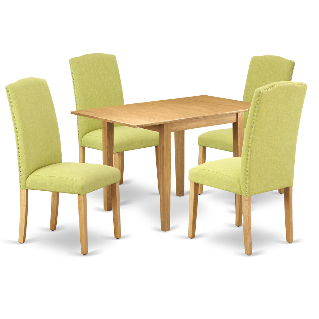 East West Furniture NDEN5-OAK-07 5 Piece Dining Room Furniture Set Includes a Rectangle Dining Table with Dropleaf and 4 Limelight Linen Fabric Upholstered Chairs