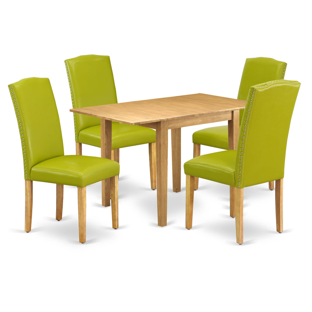 El juego de mesa de cocina de 5 piezas East West Furniture NDEN5-OAK-51 incluye una mesa de comedor rectangular con alas abatibles y 4 sillas tapizadas de cuero sintético verde otoño.