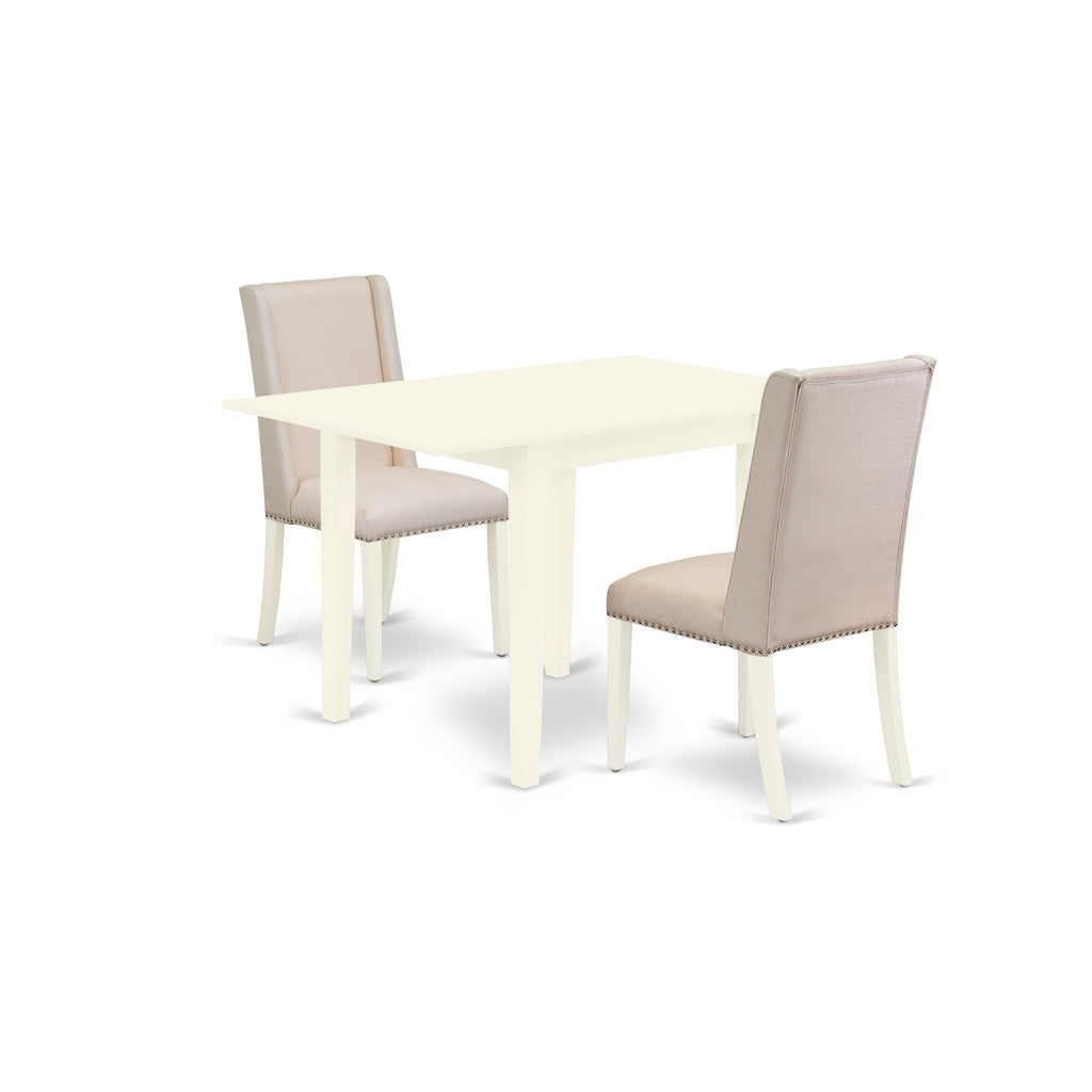 Juego de mesa y sillas de cocina de 3 piezas NDFL3-LWH-01 de East West Furniture. Incluye una mesa de comedor rectangular con alas abatibles y dos sillas Parson de tela de lino color crema.