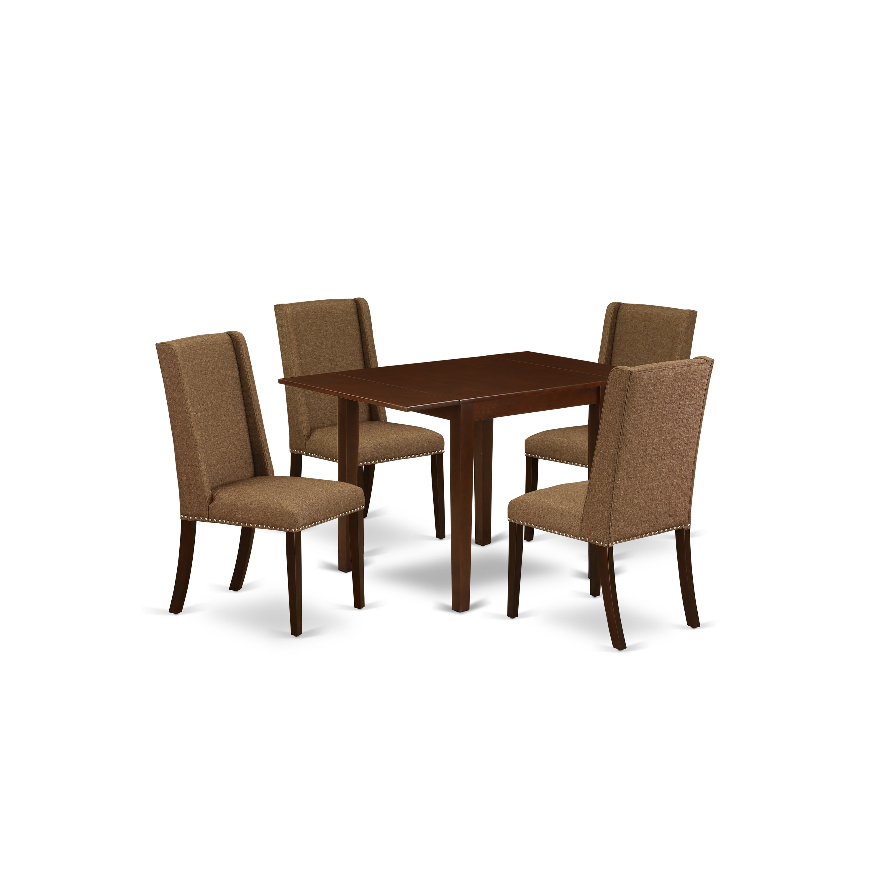 East-West Furniture NDFL5-MAH-18 5-Piece modern dining table set- 4 parson chairs and small Drop Leaf rectangular table hardwood structure -High back & Mahogany Finish
