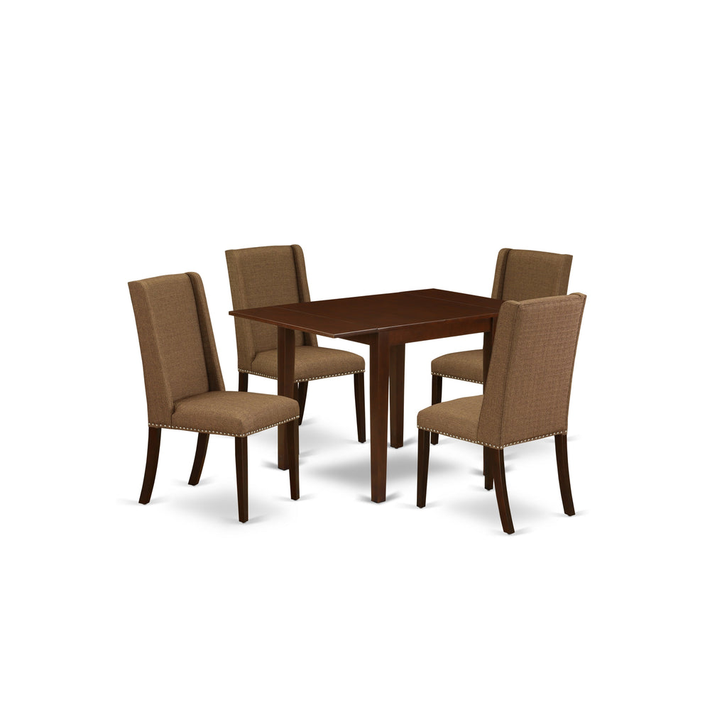 East West Furniture NDFL5-MAH-18 5 Piece Dining Table Set Includes a Rectangle Dining Room Table with Dropleaf and 4 Brown Linen Linen Fabric Upholstered Chairs, 30x48 Inch, Mahogany