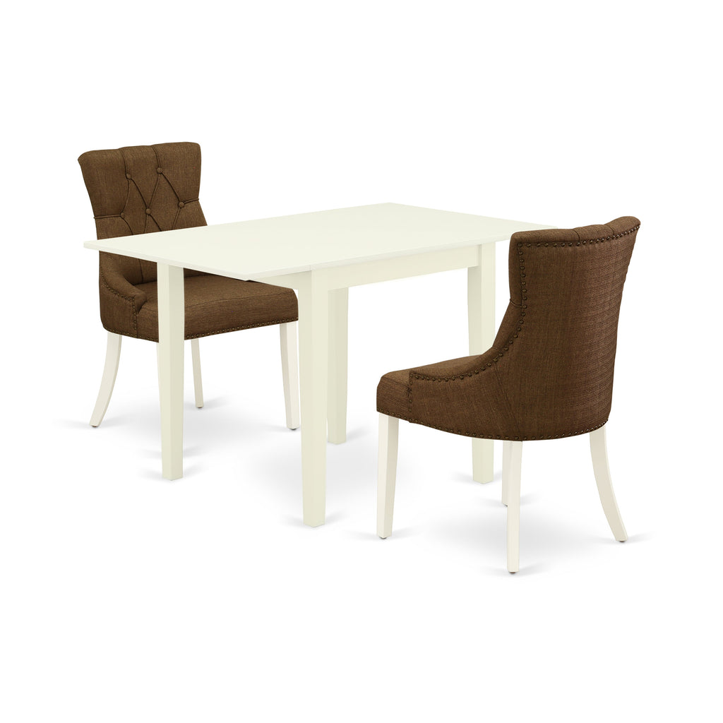 East West Furniture NDFR3-LWH-18 3 Piece Dining Set Contains a Rectangle Dining Room Table with Dropleaf and 2 Brown Linen Linen Fabric Upholstered Parson Chairs