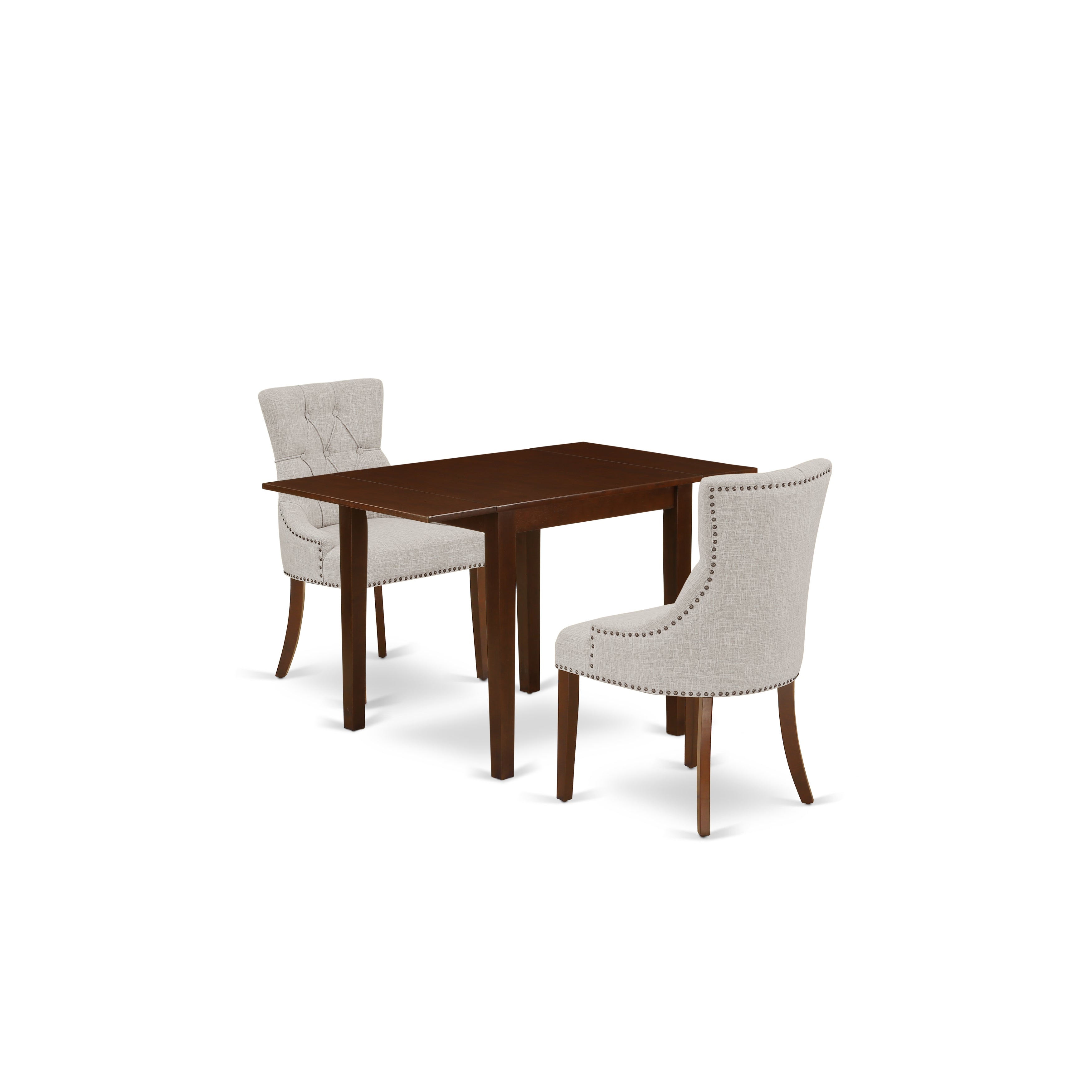 Juego de mesa y sillas de cocina de 3 piezas NDFR3-MAH-05 de East West Furniture. Incluye una mesa de comedor rectangular con alas abatibles y dos sillas Parsons de tela de lino y piel de venado.