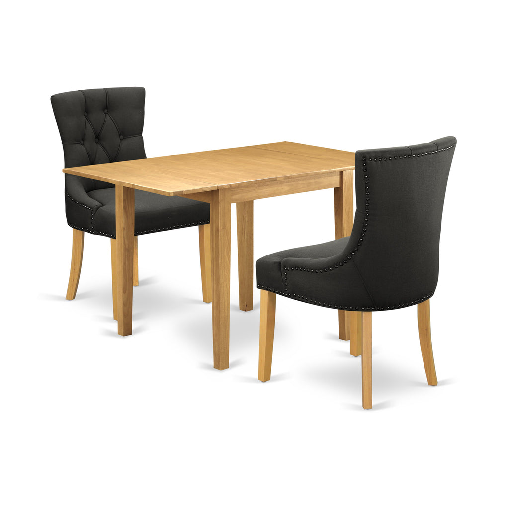 East West Furniture NDFR3-OAK-20 3 Piece Dinette Set for Small Spaces Contains a Rectangle Dining Table with Dropleaf and 2 Dark Gotham Linen Fabric Parson Chairs