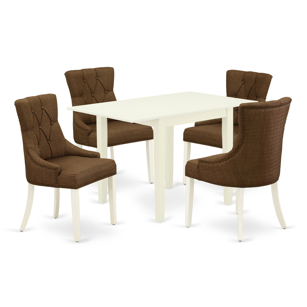 East West Furniture NDFR5-LWH-18 5 Piece Dining Room Furniture Set Includes a Rectangle Dining Table with Dropleaf and 4 Brown Linen Linen Fabric Parsons Chairs