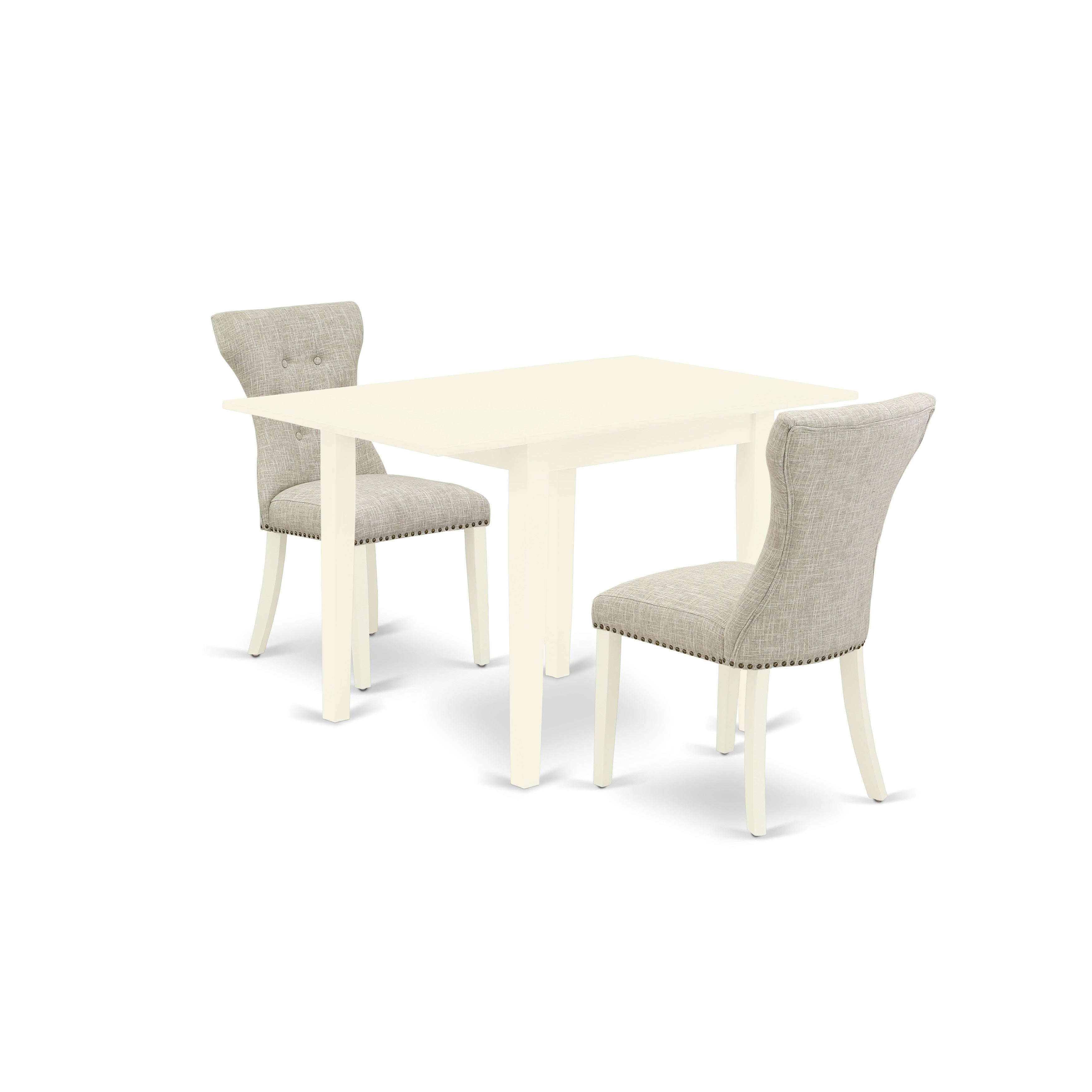 East West Furniture NDGA3-LWH-35 3-Pc Rectangular Drop Leaves Dining Table Set Included a Kitchen Table & 2 Kitchen Chairs, Doeskin Linen Fabric Parson Chairs Seat with Rubber Wood Legs, Linen White Finish
