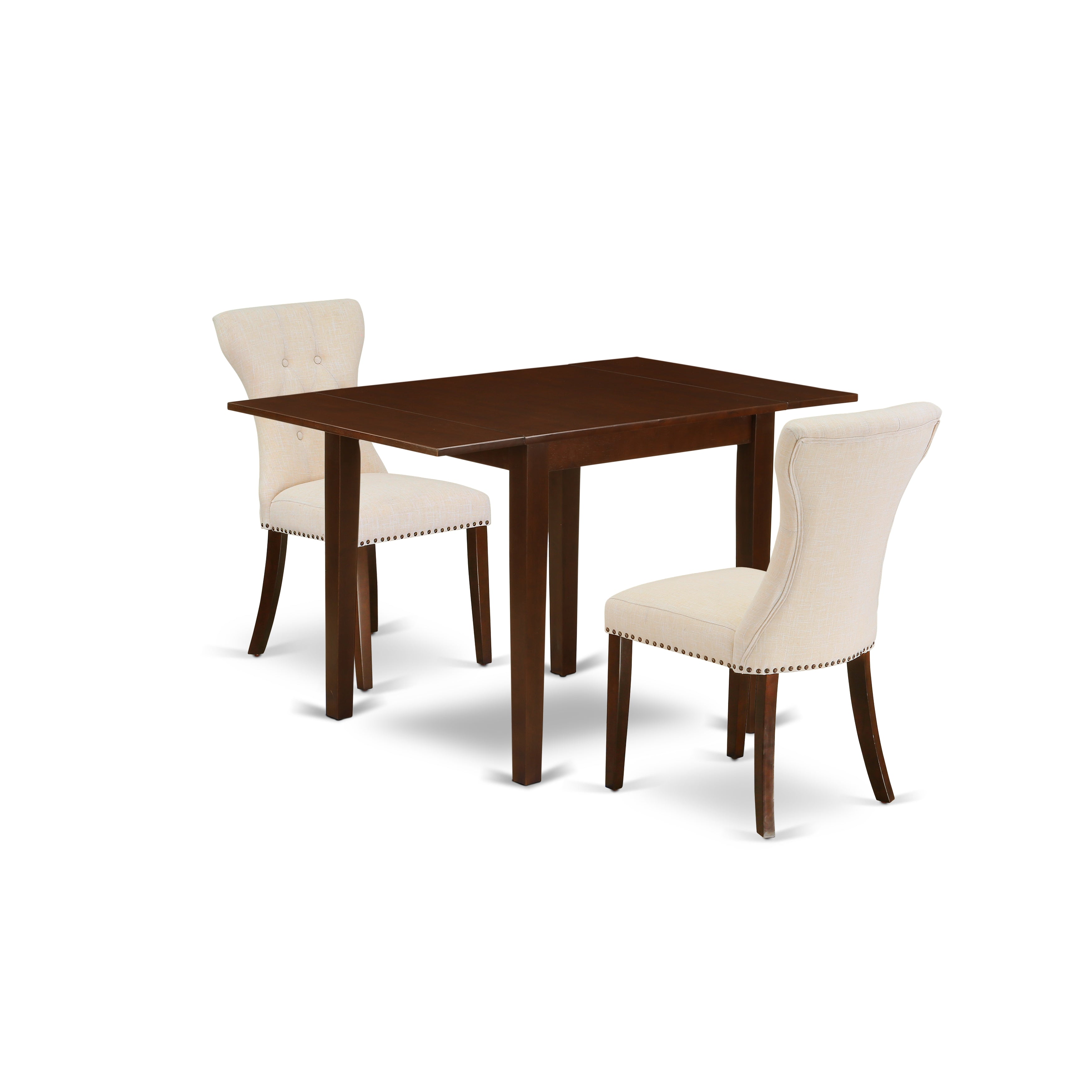 Juego de mesa de comedor moderna de 3 piezas NDGA3-MAH-32 de East West Furniture. Incluye una mesa rectangular de madera con alas abatibles y dos sillas de comedor Parsons de tela de lino beige claro.