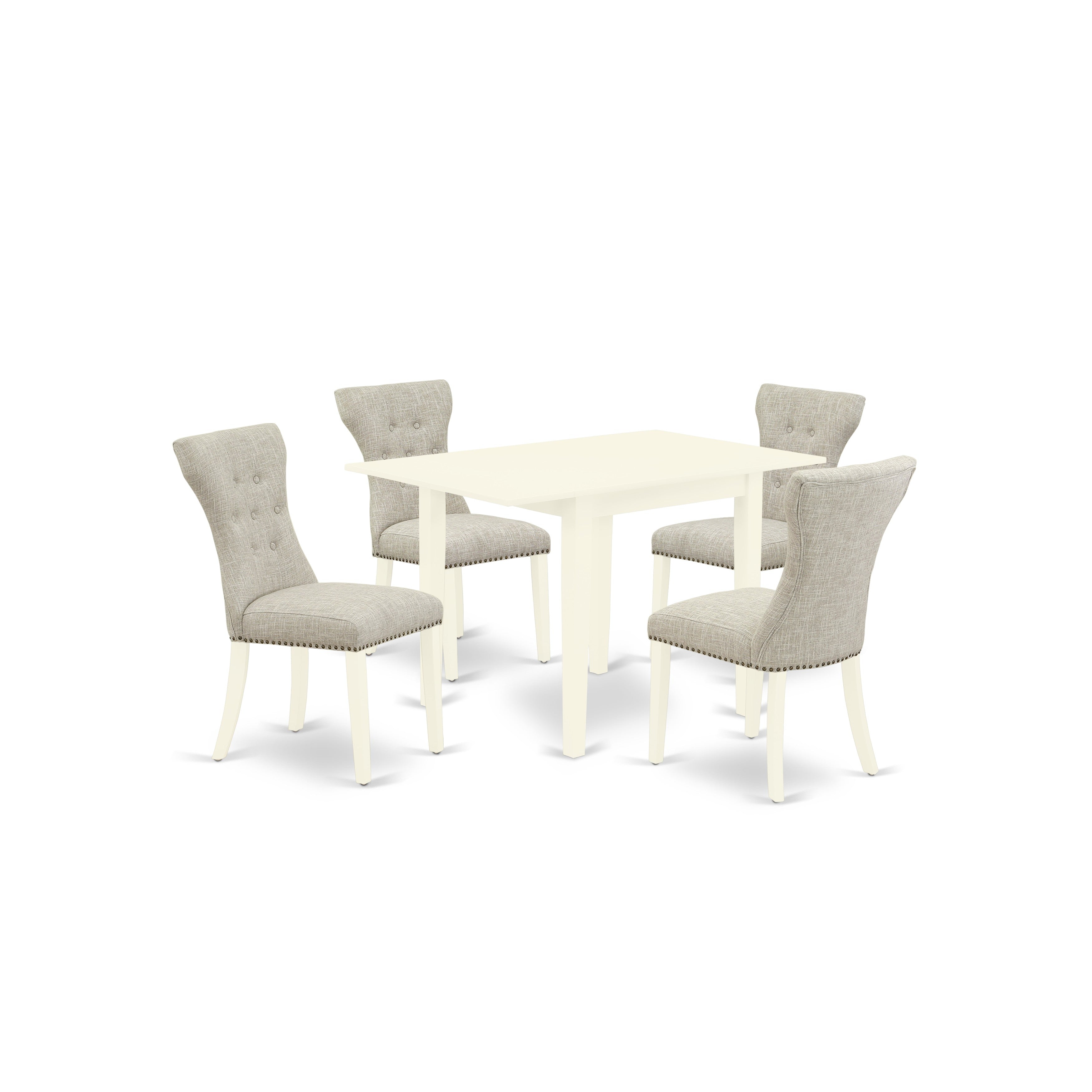 East West Furniture NDGA5-LWH-35 5-Piece kitchen table set- 4 parson dining room chairs and 2 Drop leaf Rectangular table hardwood frame -Button tufted back & Linen White Finish