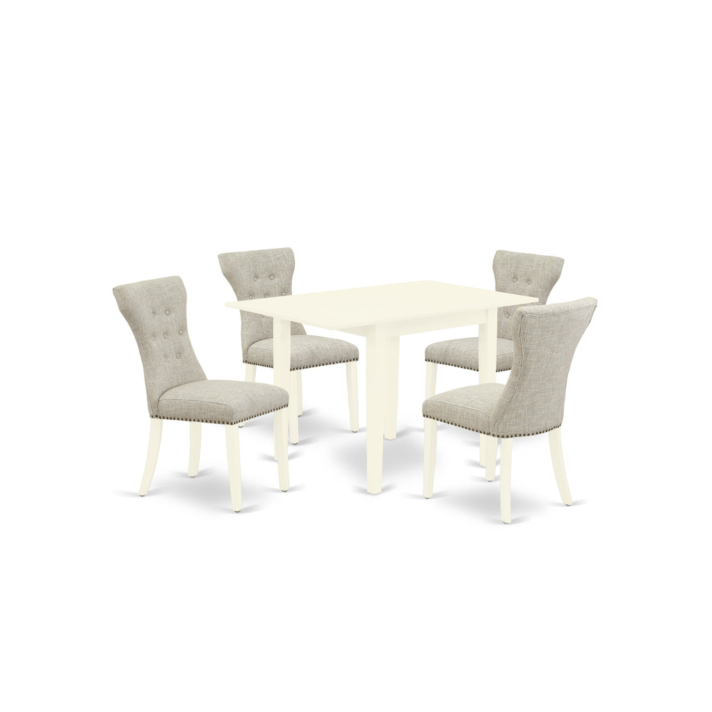 El juego de mesa de comedor de 5 piezas East West Furniture NDGA5-LWH-35 incluye una mesa de cocina rectangular con alas abatibles y 4 sillas de comedor Parson de tela de lino y piel de venado.