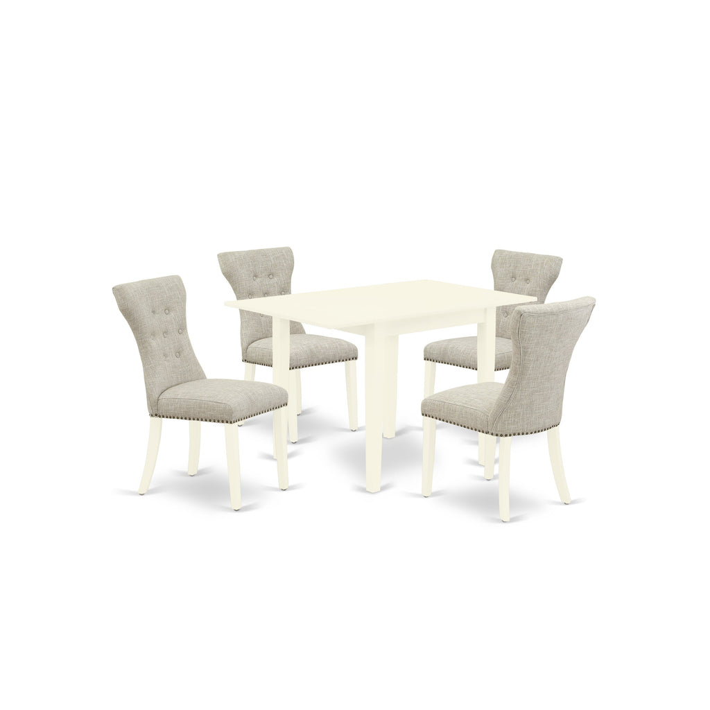 East West Furniture NDGA5-LWH-35 5 Piece Dining Room Table Set Includes a Rectangle Kitchen Table with Dropleaf and 4 Doeskin Linen Fabric Parson Dining Chairs, 30x48 Inch, Linen White