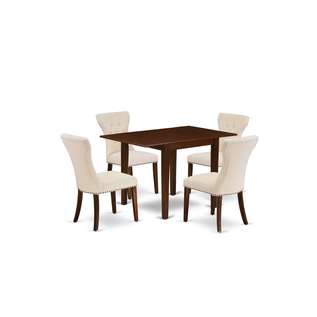 East West Furniture NDGA5-MAH-32 5 Piece Dining Table Set Includes a Rectangle Kitchen Table with Dropleaf and 4 Light Beige Linen Fabric Parson Dining Chairs