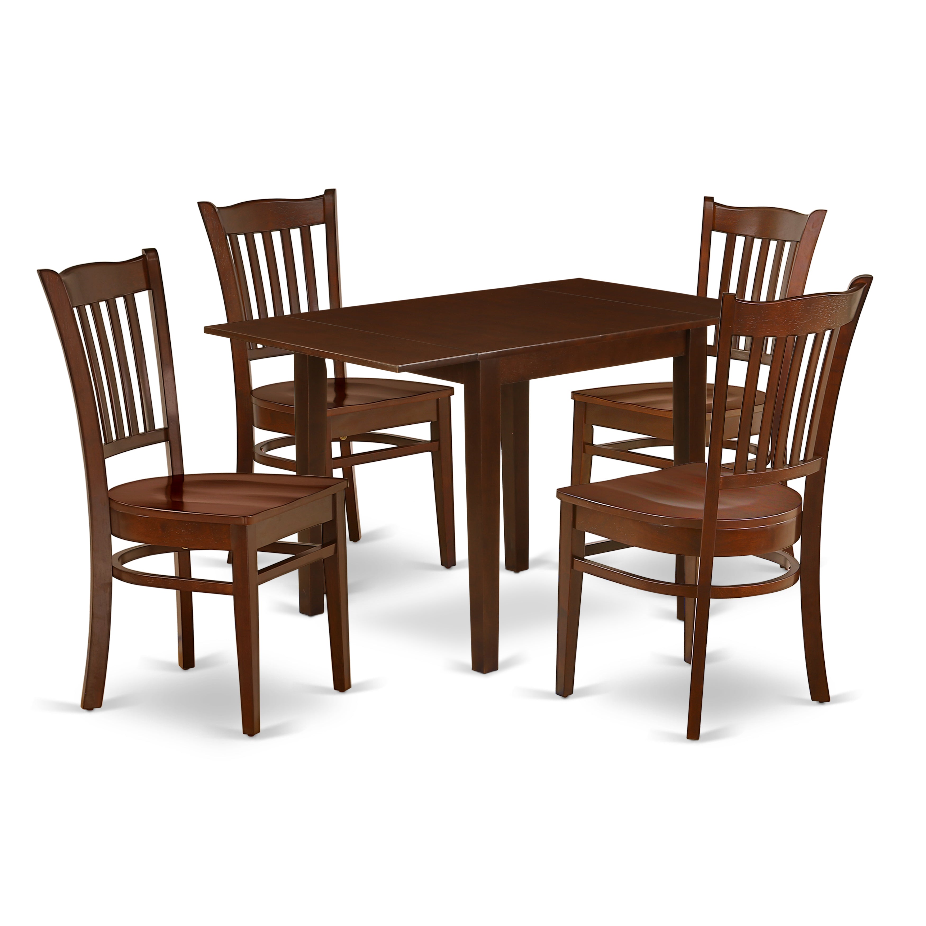 Juego de mesa de cocina de 5 piezas East West Furniture NDGR5-MAH-W para 4 personas. Incluye una mesa de comedor rectangular con alas abatibles y 4 sillas de comedor.