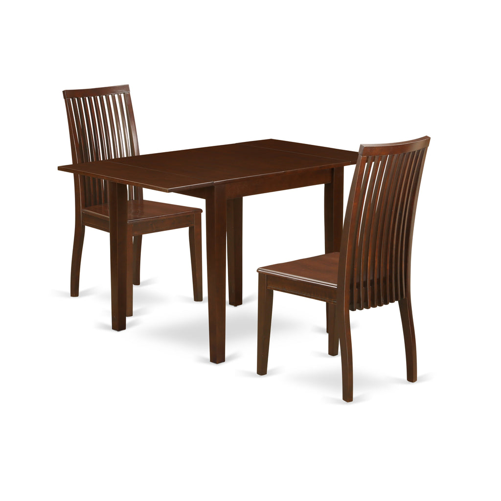 East West Furniture NDIP3-MAH-W 3 Piece Dining Room Furniture Set Contains a Rectangle Dining Table with Dropleaf and 2 Wood Seat Chairs