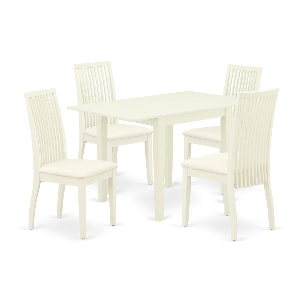 Juego de mesa de cocina de 5 piezas East West Furniture NDIP5-LWH-C para 4 personas. Incluye una mesa de comedor rectangular con alas abatibles y 4 sillas tapizadas en tela de lino.