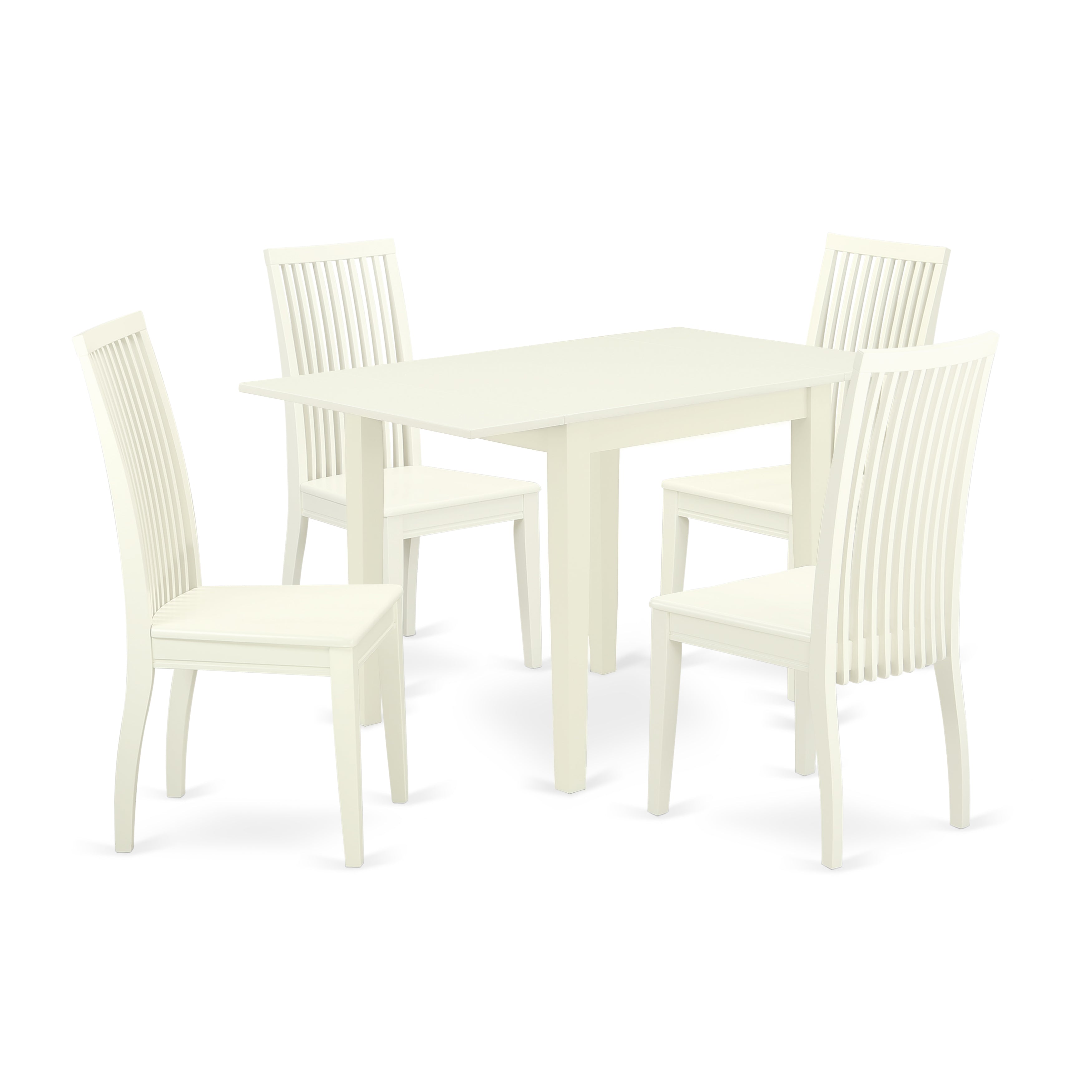 El juego de mesa de comedor de 5 piezas East West Furniture NDIP5-LWH-W incluye una mesa de comedor rectangular con alas abatibles y 4 sillas con asiento de madera.