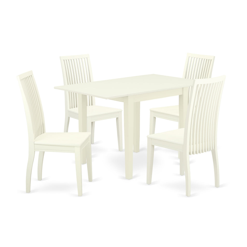 El juego de mesa de comedor de 5 piezas East West Furniture NDIP5-LWH-W incluye una mesa de comedor rectangular con alas abatibles y 4 sillas con asiento de madera.