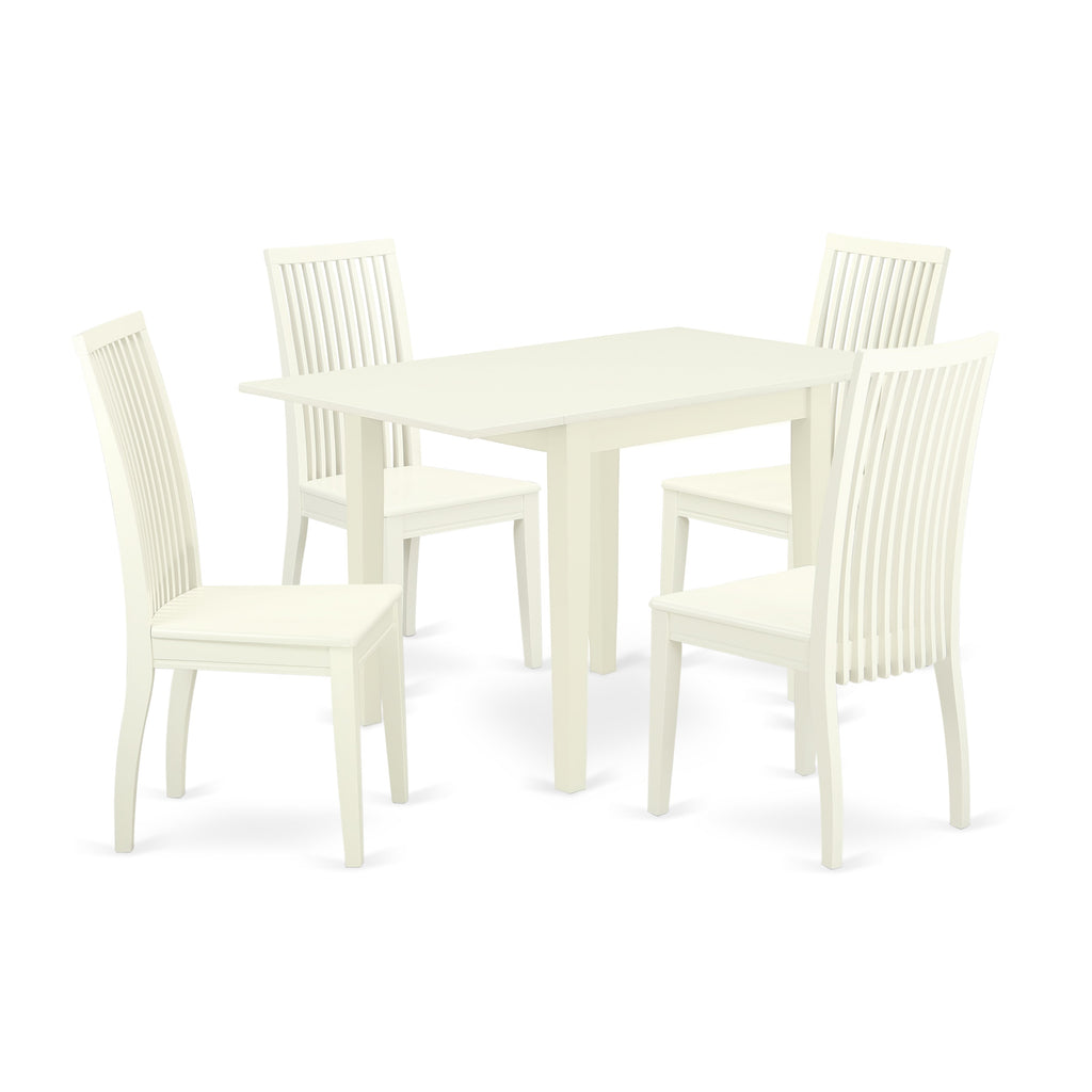 East West Furniture NDIP5-LWH-W 5 Piece Dining Room Table Set Includes a Rectangle Dining Table with Dropleaf and 4 Wood Seat Chairs, 30x48 Inch, Linen White