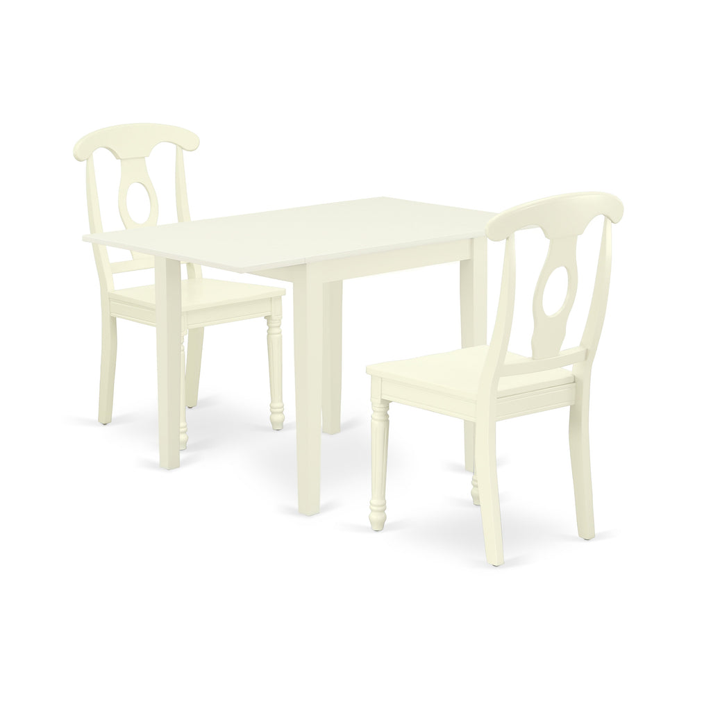 Juego de mesa de comedor de 3 piezas East West Furniture NDKE3-LWH-W para espacios pequeños. Incluye una mesa de comedor rectangular con alas abatibles y dos sillas con asiento de madera.
