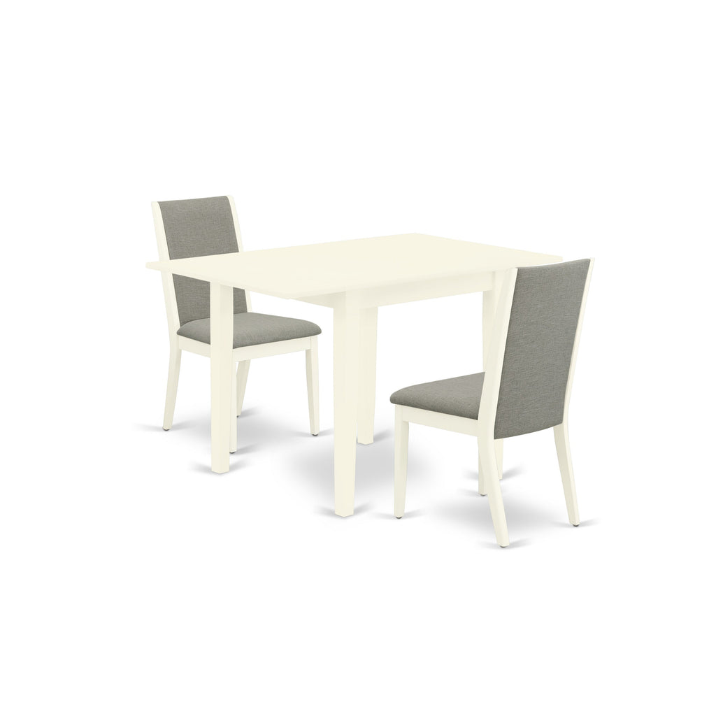 East West Furniture NDLA3-LWH-06 3 Piece Dining Table Set for Small Spaces Contains a Rectangle Wooden Table with Dropleaf and 2 Shitake Linen Fabric Parson Chairs, 30x48 Inch, Linen White