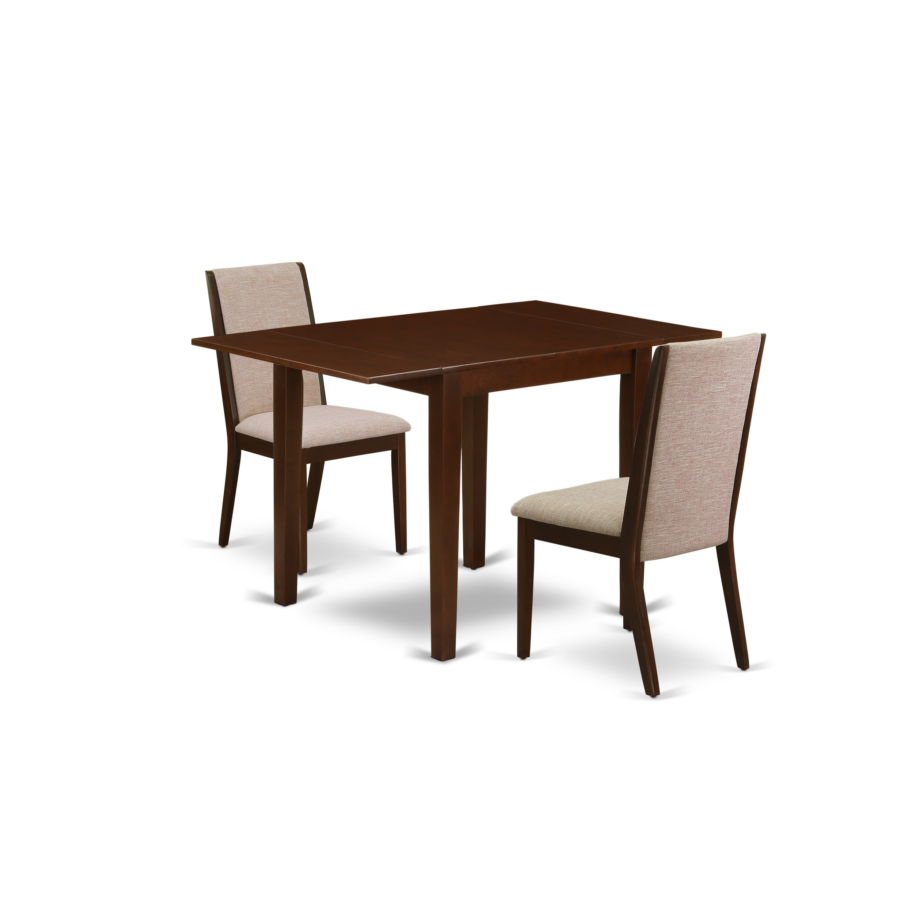 East West Furniture NDLA3-MAH-04 3-Piece Kitchen Dining Table Set Included a Rectangular Drop Leaves Kitchen Table & 2 Dining Chairs, Light Tan Linen Fabric Kitchen Chairs Seat with Rubber Wood Legs, Mahogany Finish