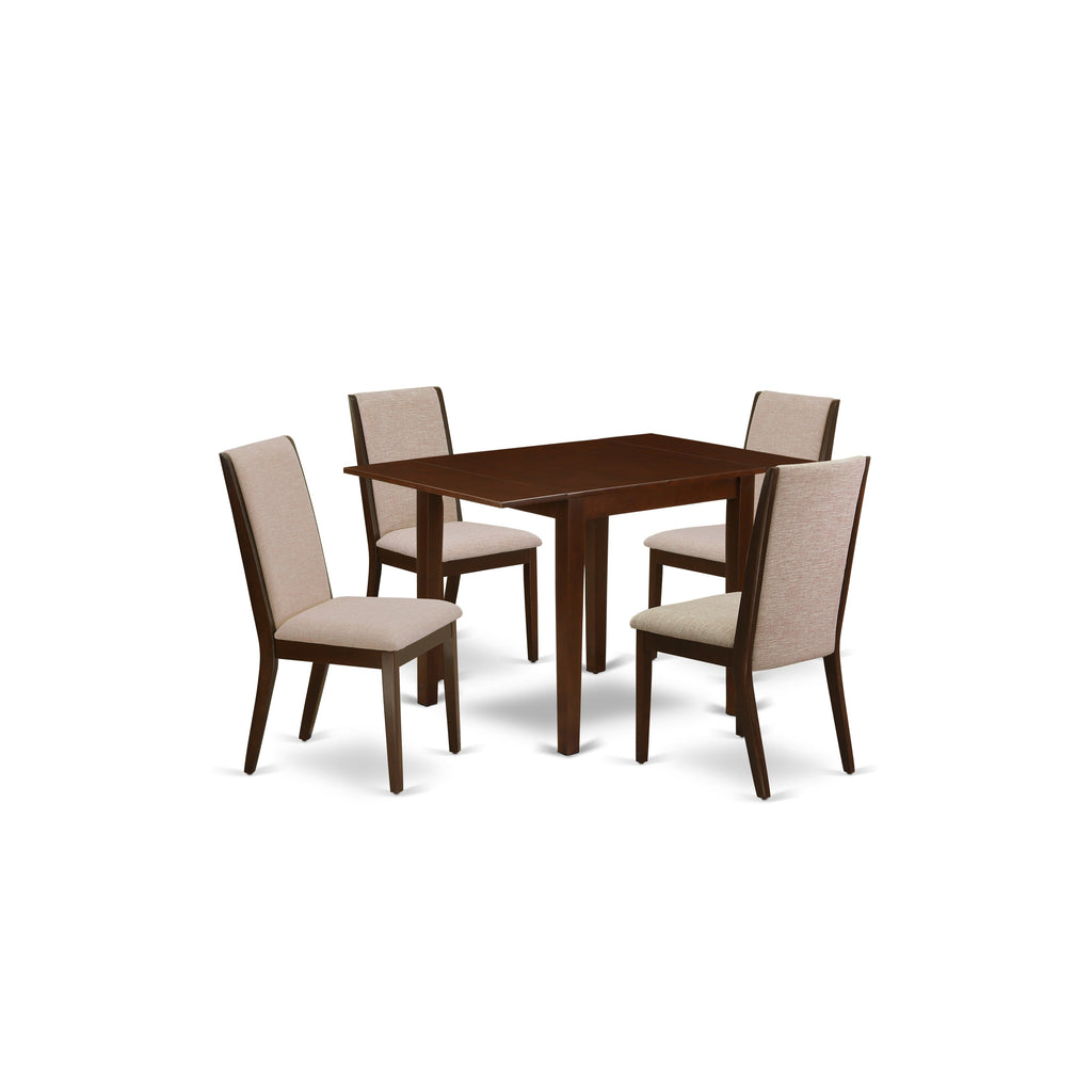 East West Furniture NDLA5-MAH-04 5 Piece Modern Dining Table Set Includes a Rectangle Wooden Table with Dropleaf and 4 Light Tan Linen Fabric Parsons Dining Chairs, 30x48 Inch, Mahogany