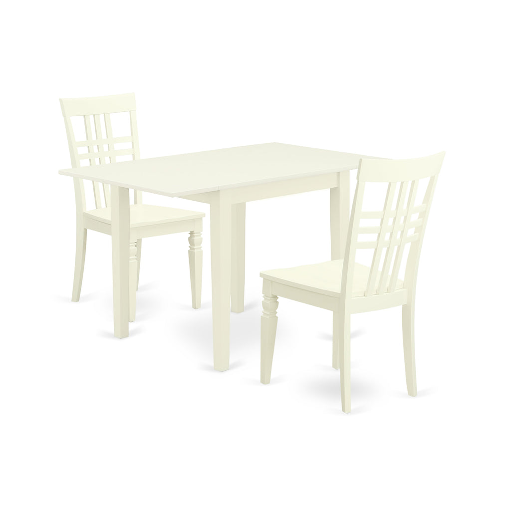 East West Furniture NDLG3-LWH-W 3 Piece Dining Table Set for Small Spaces Contains a Rectangle Dining Room Table with Dropleaf and 2 Wood Seat Chairs