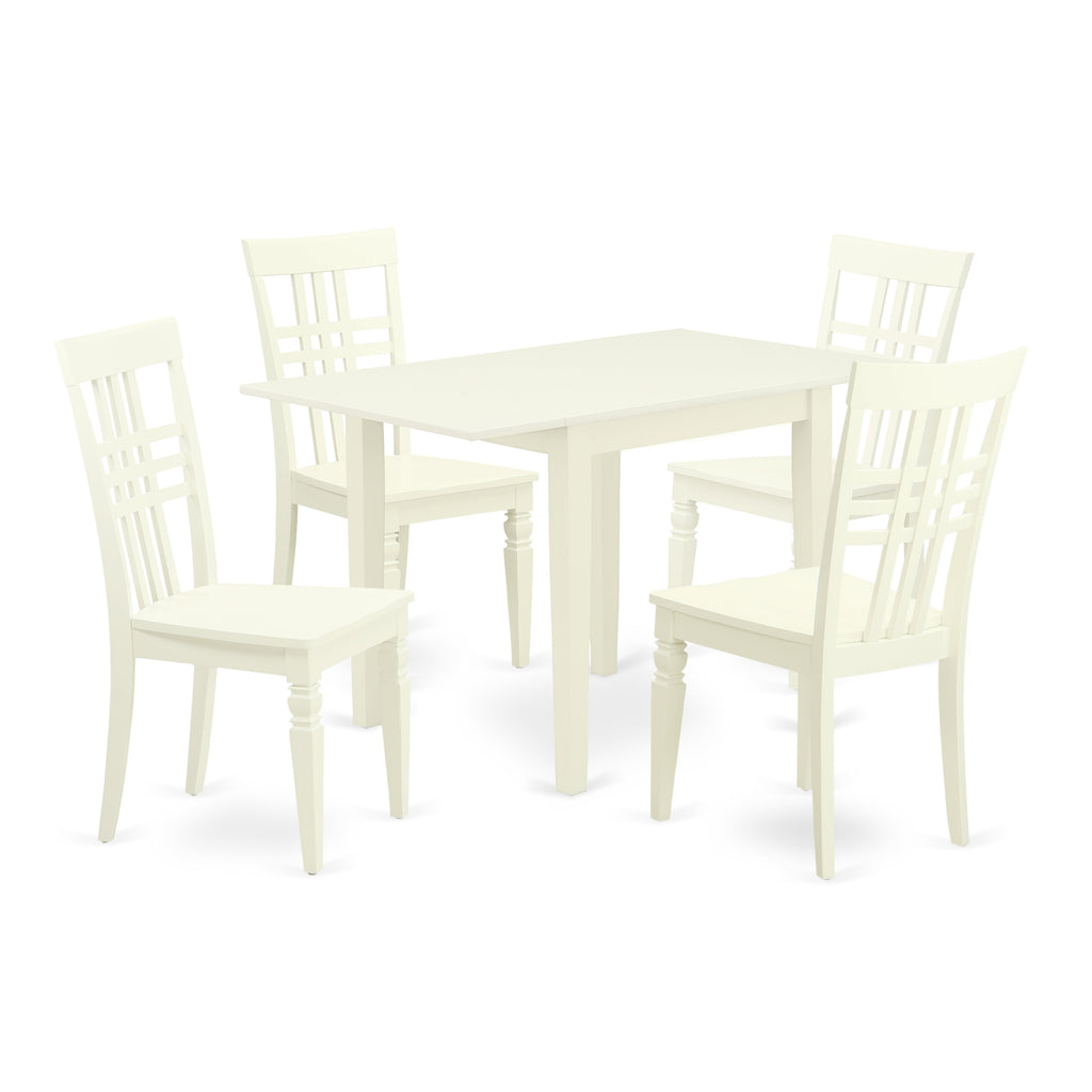 East West Furniture NDLG5-LWH-W 5 Piece Dining Table Set for 4 Includes a Rectangle Kitchen Table with Dropleaf and 4 Dining Room Chairs, 30x48 Inch, Linen White