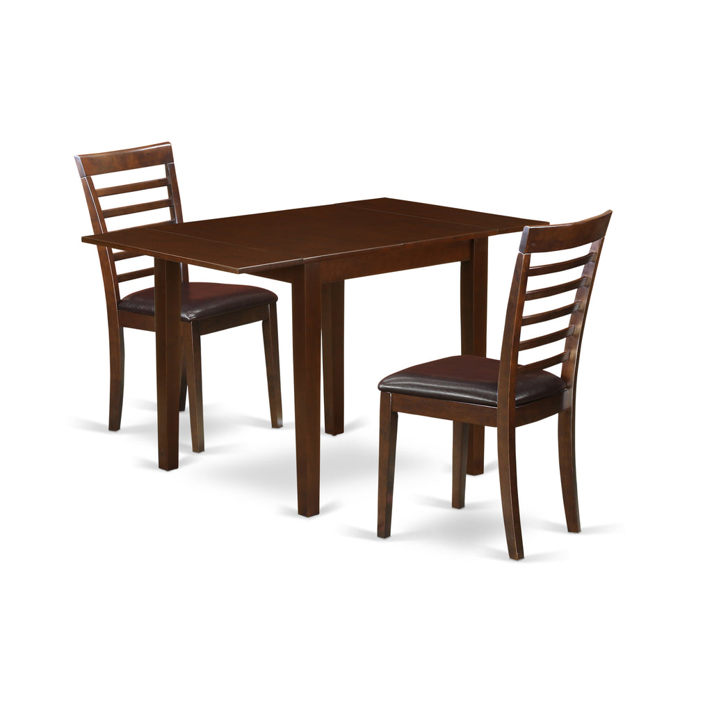 East West Furniture NDML3-MAH-LC 3 Piece Kitchen Table Set for Small Spaces Contains a Rectangle Dining Table with Dropleaf and 2 Faux Leather Upholstered Chairs