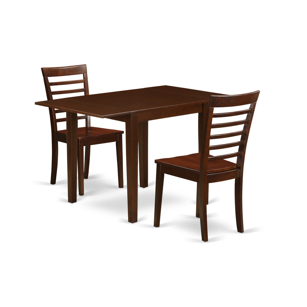 East West Furniture NDML3-MAH-W 3 Piece Kitchen Table Set for Small Spaces Contains a Rectangle Dining Table with Dropleaf and 2 Dining Room Chairs