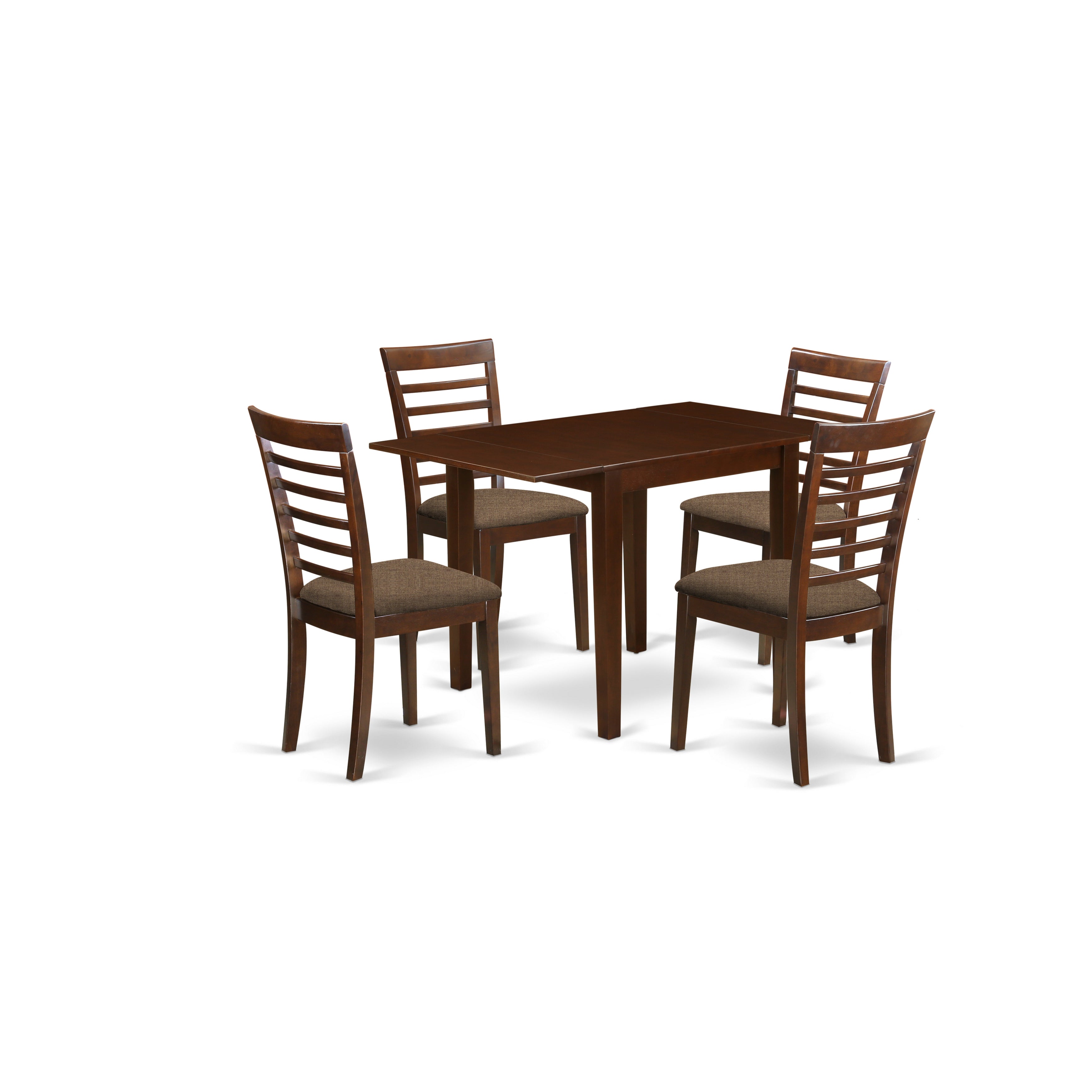 El juego de mesa de comedor moderno de 5 piezas East West Furniture NDML5-MAH-C incluye una mesa rectangular de madera con alas abatibles y 4 sillas de comedor de tela de lino.