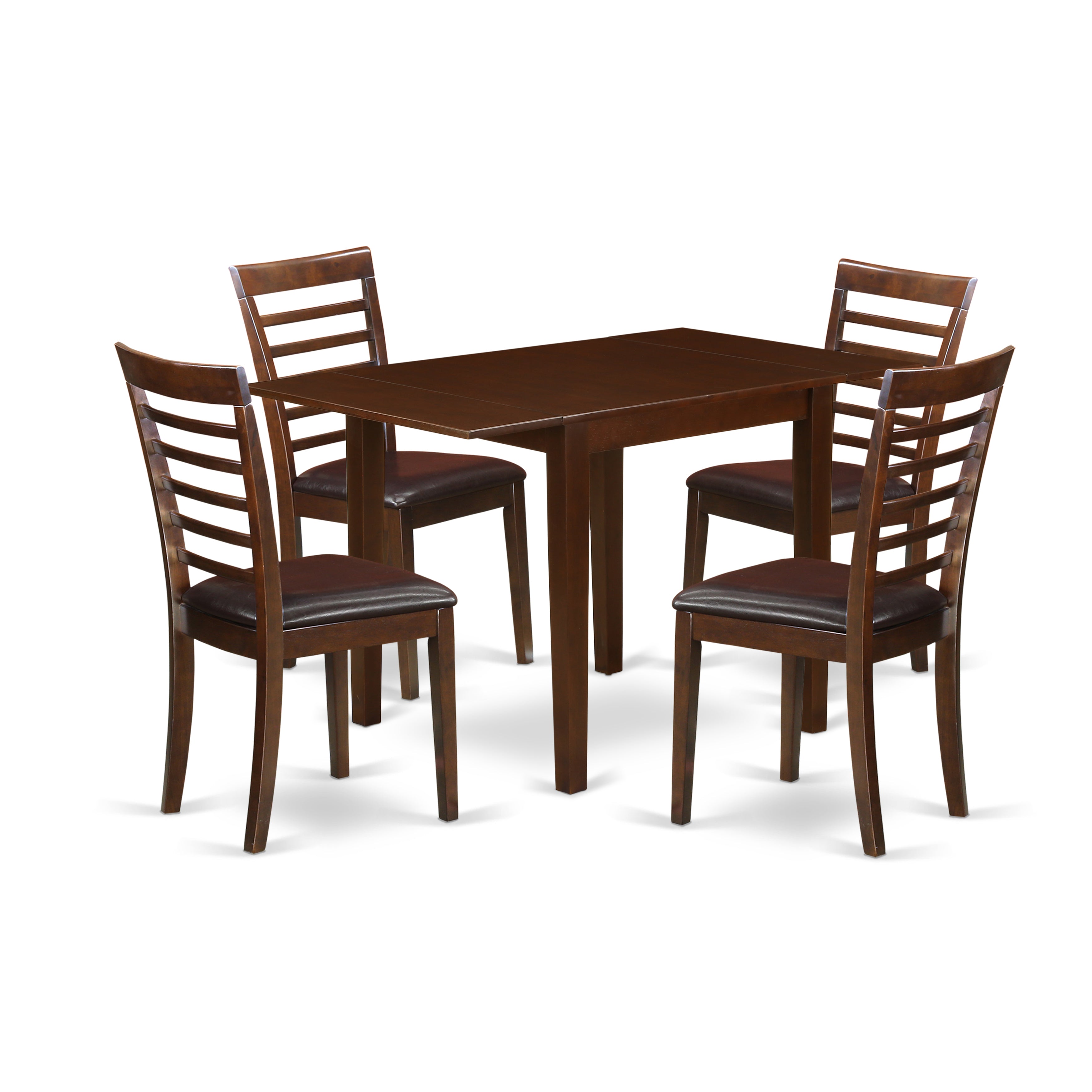 El juego de mesa de comedor de 5 piezas NDML5-MAH-LC de East West Furniture incluye una mesa de cocina rectangular con alas abatibles y 4 sillas de comedor tapizadas en piel sintética.
