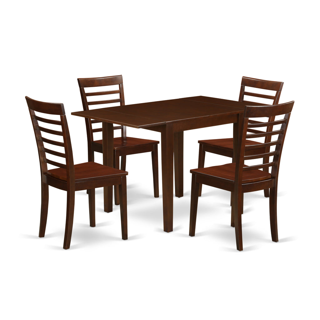 East West Furniture NDML5-MAH-W 5 Piece Dinette Set for 4 Includes a Rectangle Dining Room Table with Dropleaf and 4 Dining Chairs, 30x48 Inch, Mahogany