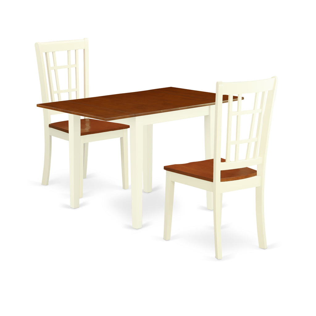 East West Furniture NDNI3-WHI-W 3 Piece Dinette Set for Small Spaces Contains a Rectangle Dining Table with Dropleaf and 2 Kitchen Dining Chairs