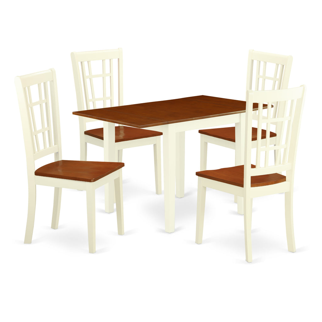 East West Furniture NDNI5-WHI-W 5 Piece Kitchen Table Set for 4 Includes a Rectangle Dining Room Table with Dropleaf and 4 Solid Wood Seat Chairs