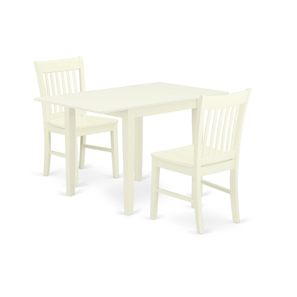 East West Furniture NDNO3-LWH-W 3 Piece Dining Room Table Set  Contains a Rectangle Kitchen Table with Dropleaf and 2 Dining Chairs, 30x48 Inch, Linen White